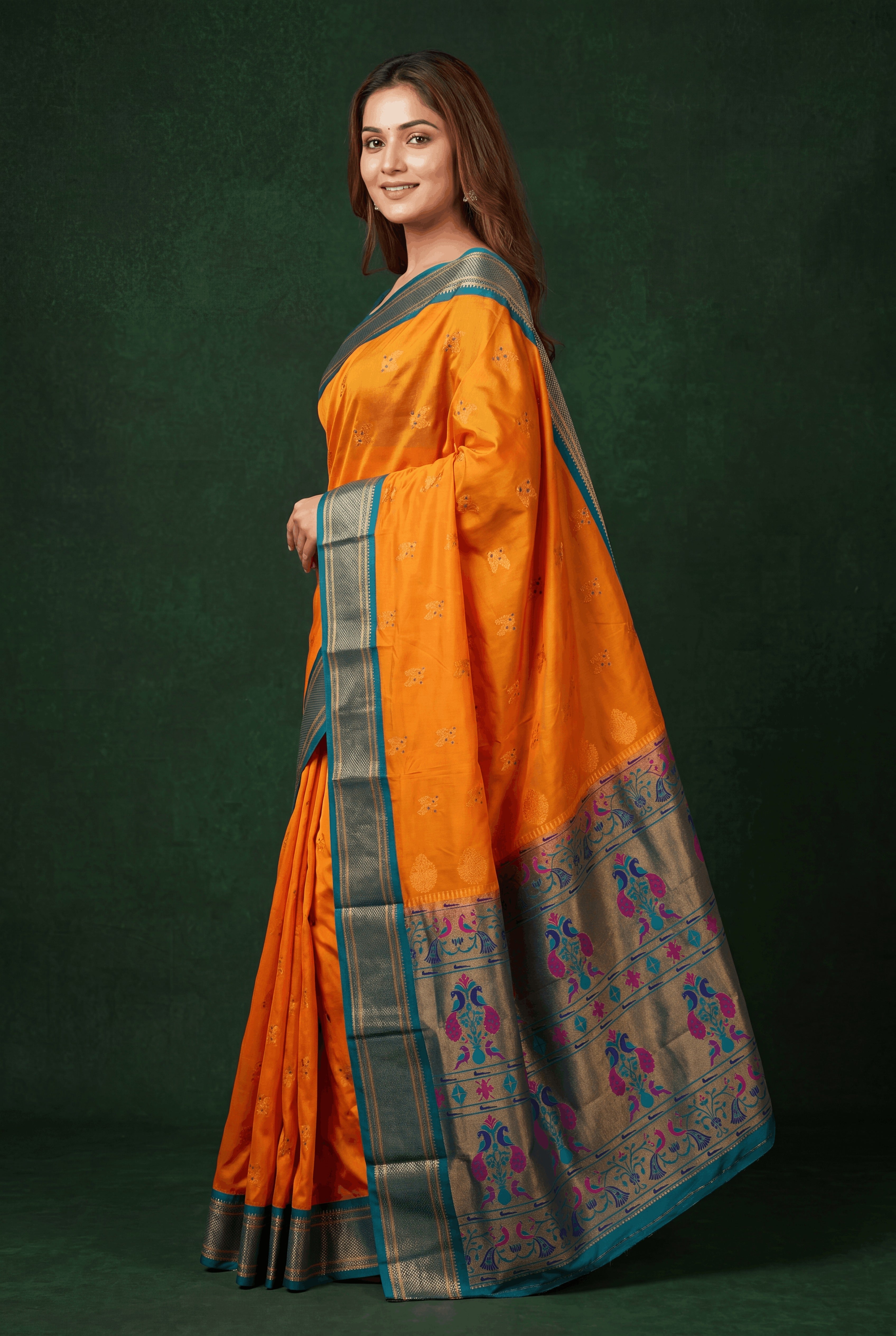 Haldi Yellow Apurva Silk Paithani Saree with contrast Rama border and Meenakari pallu and butti