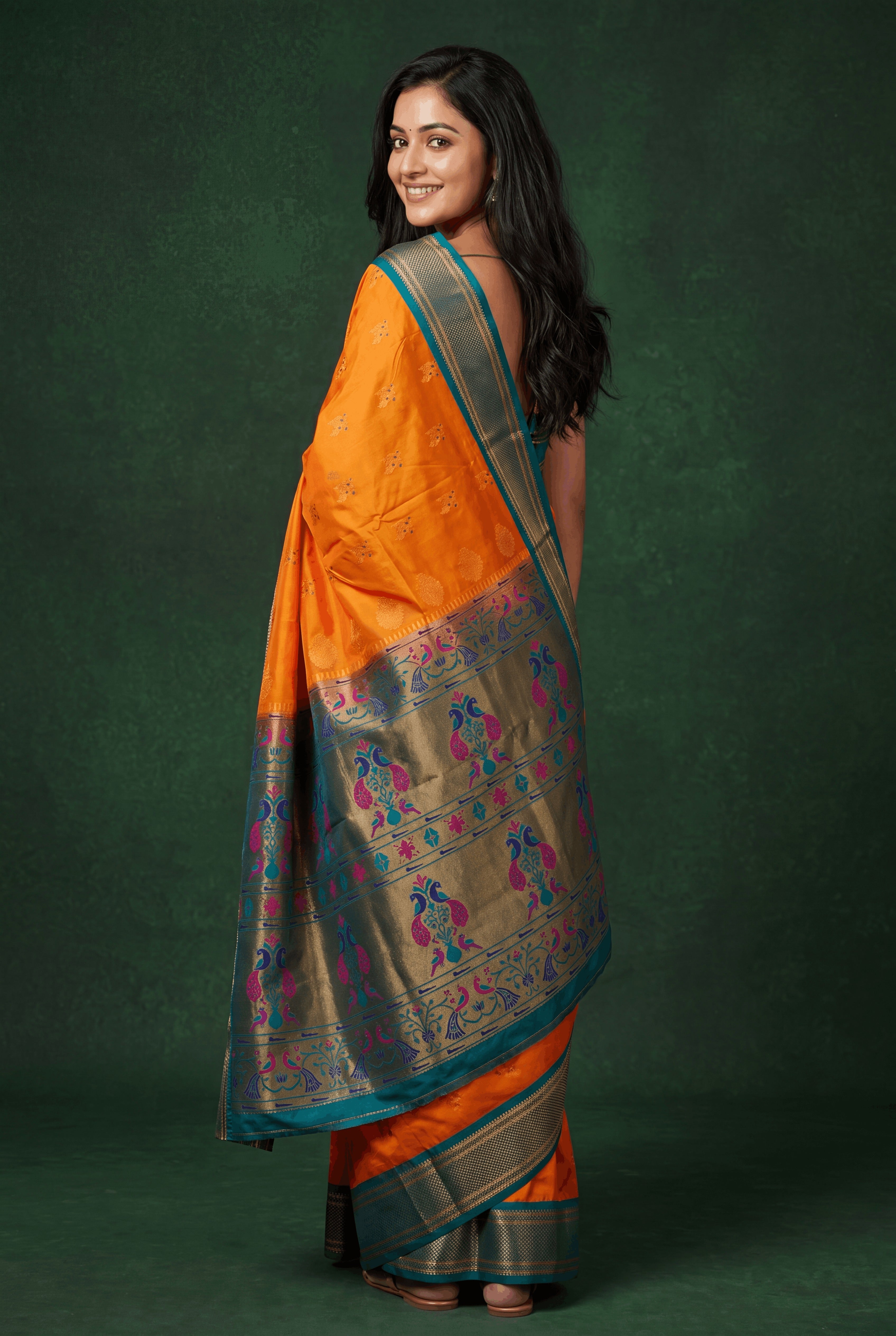Haldi Yellow Apurva Silk Paithani Saree with contrast Rama border and Meenakari pallu and butti