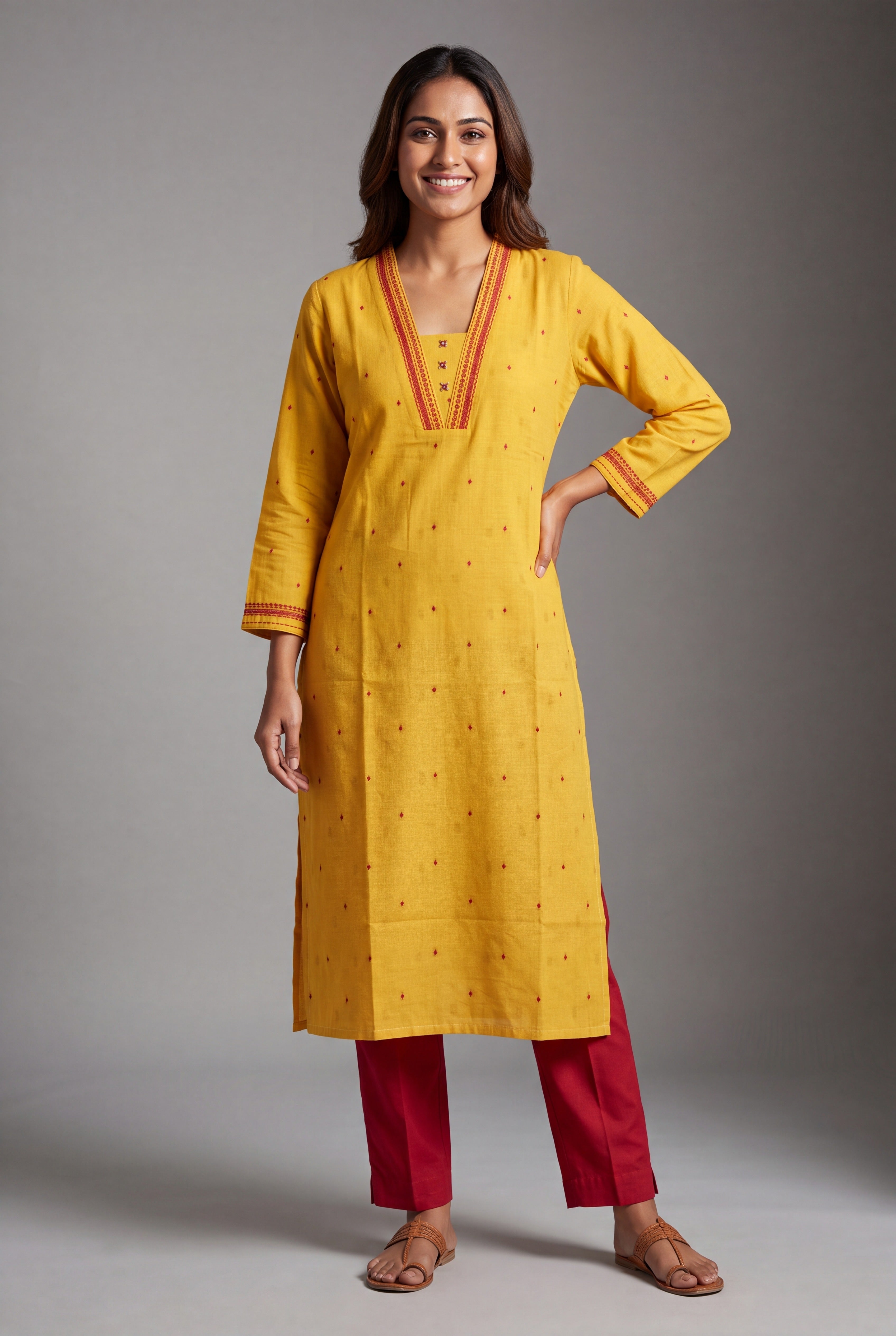 Haldi Yellow Cotton Kurti with Rakta bindu threadwork