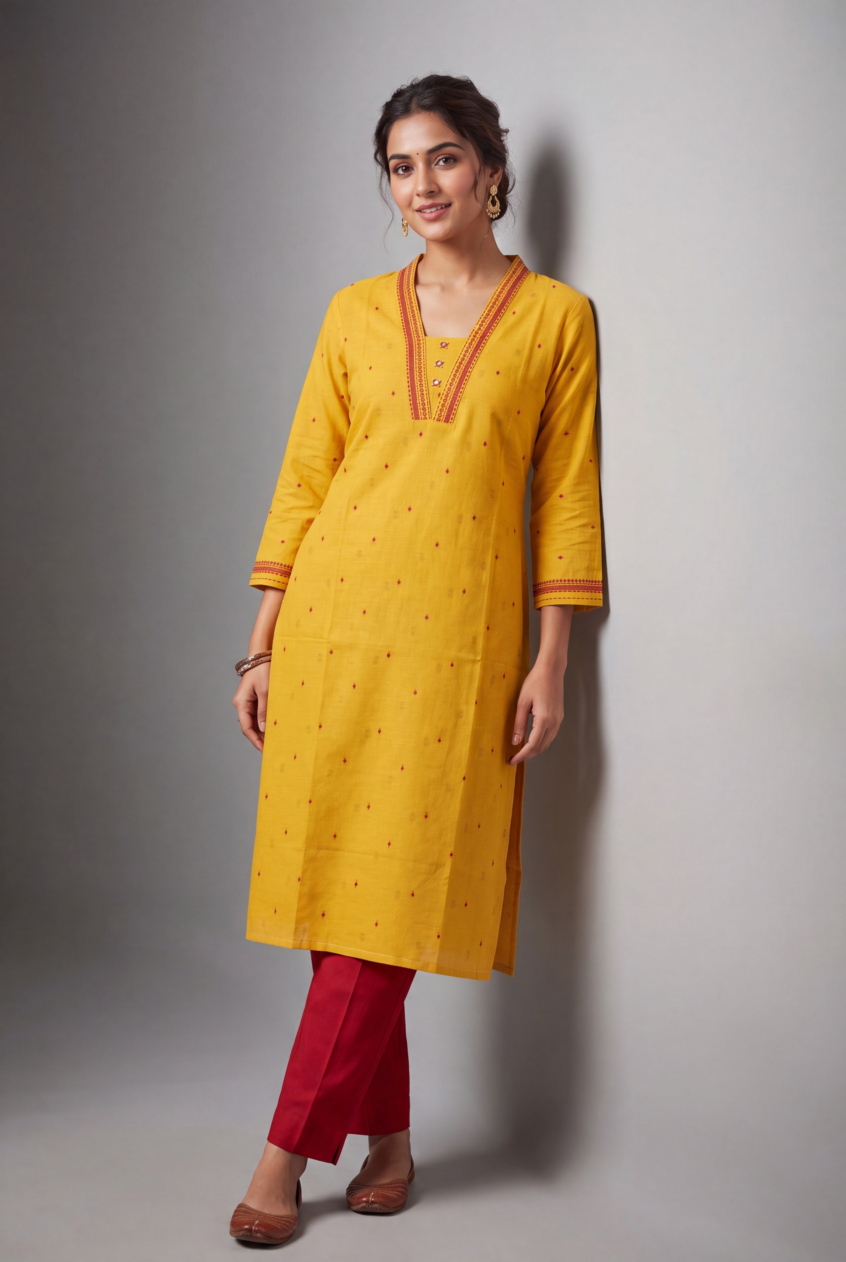 Haldi Yellow Cotton Kurti with Rakta bindu threadwork