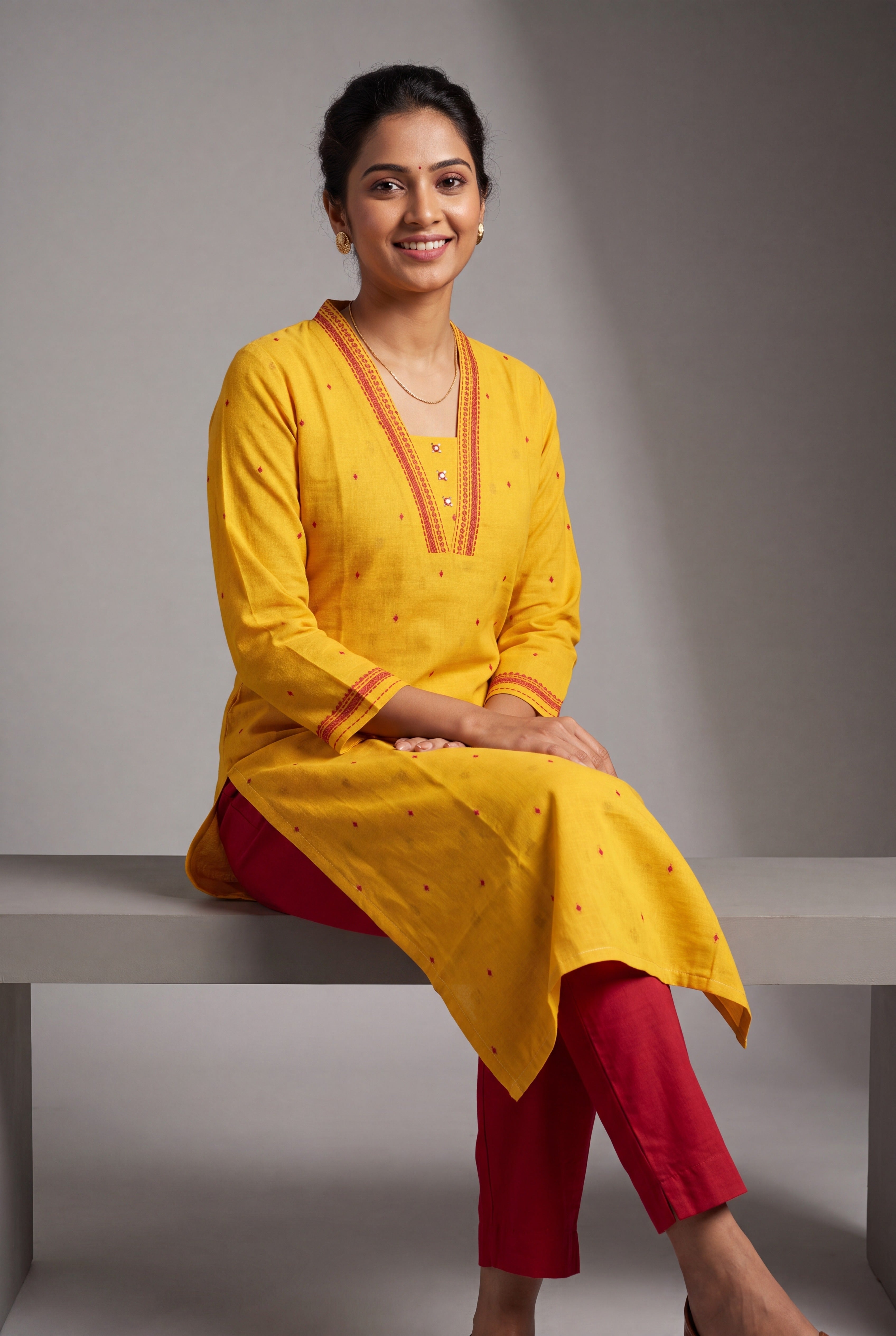 Haldi Yellow Cotton Kurti with Rakta bindu threadwork