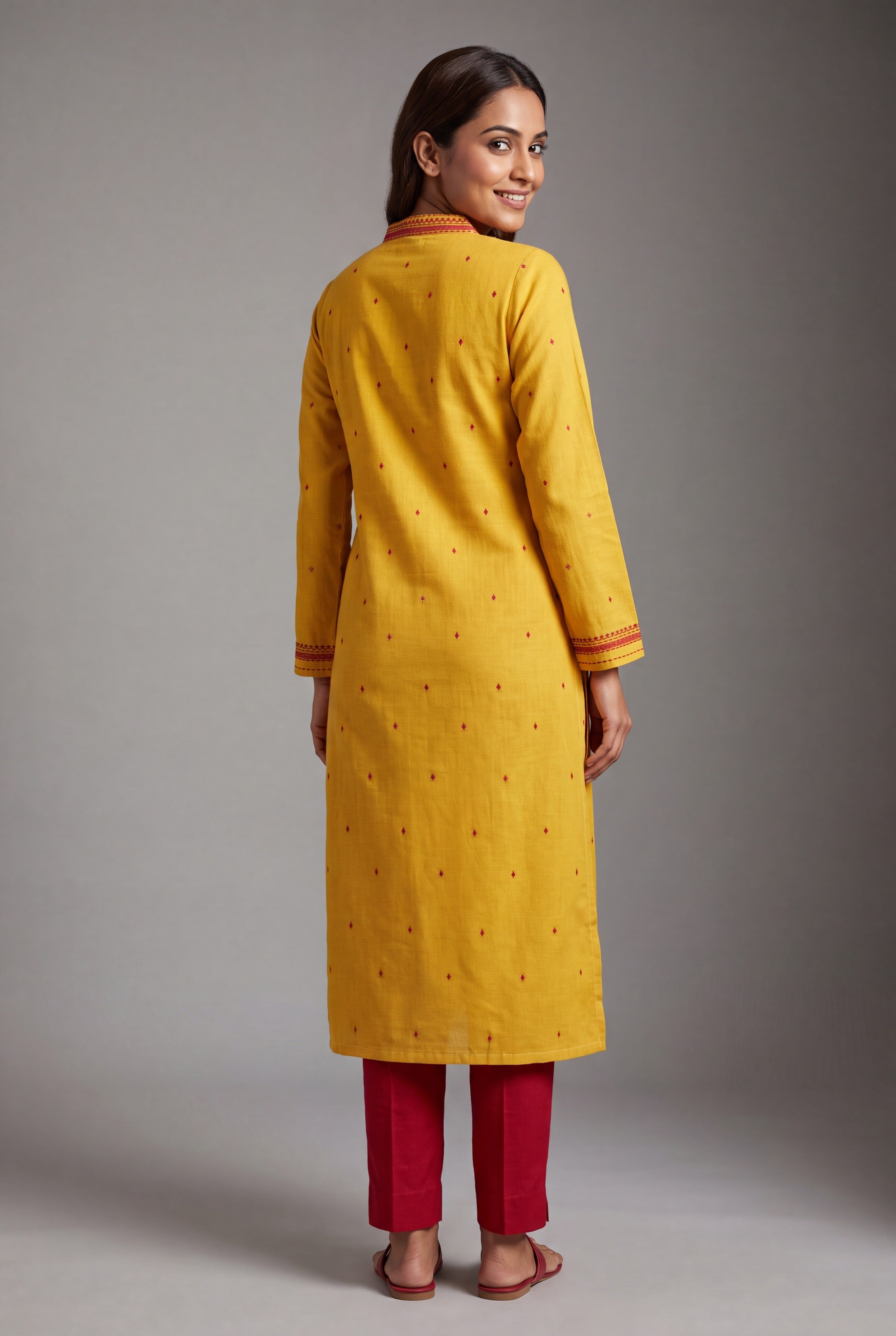 Haldi Yellow Cotton Kurti with Rakta bindu threadwork