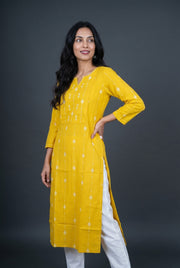 Haldi Yellow Cotton Kurti with Resham Threadwork and Sequins