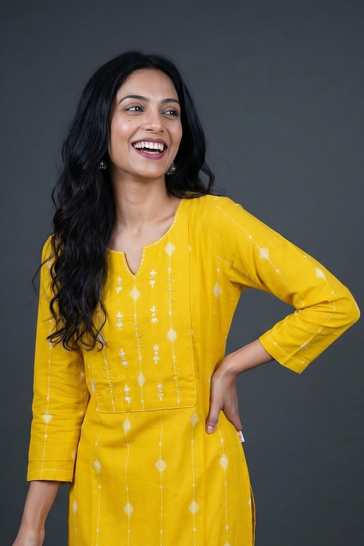 Haldi Yellow Cotton Kurti with Resham Threadwork and Sequins