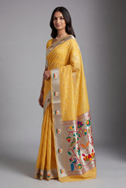 Haldi Yellow Tissue Organza Paithani Saree with Dhenu-vallī Pallu and Nandi border