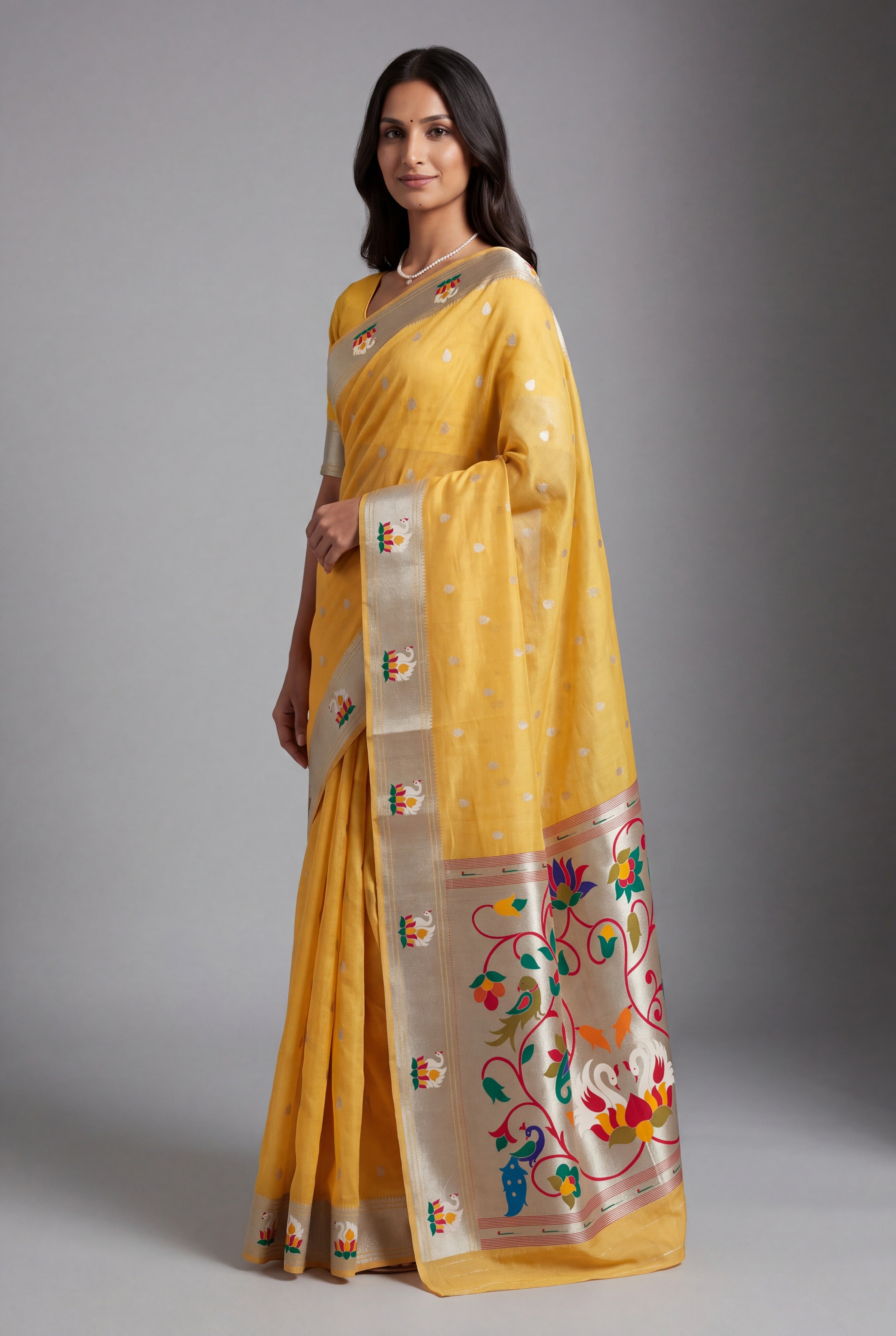 Haldi Yellow Tissue Organza Paithani Saree with Dhenu-vallī Pallu and Nandi border