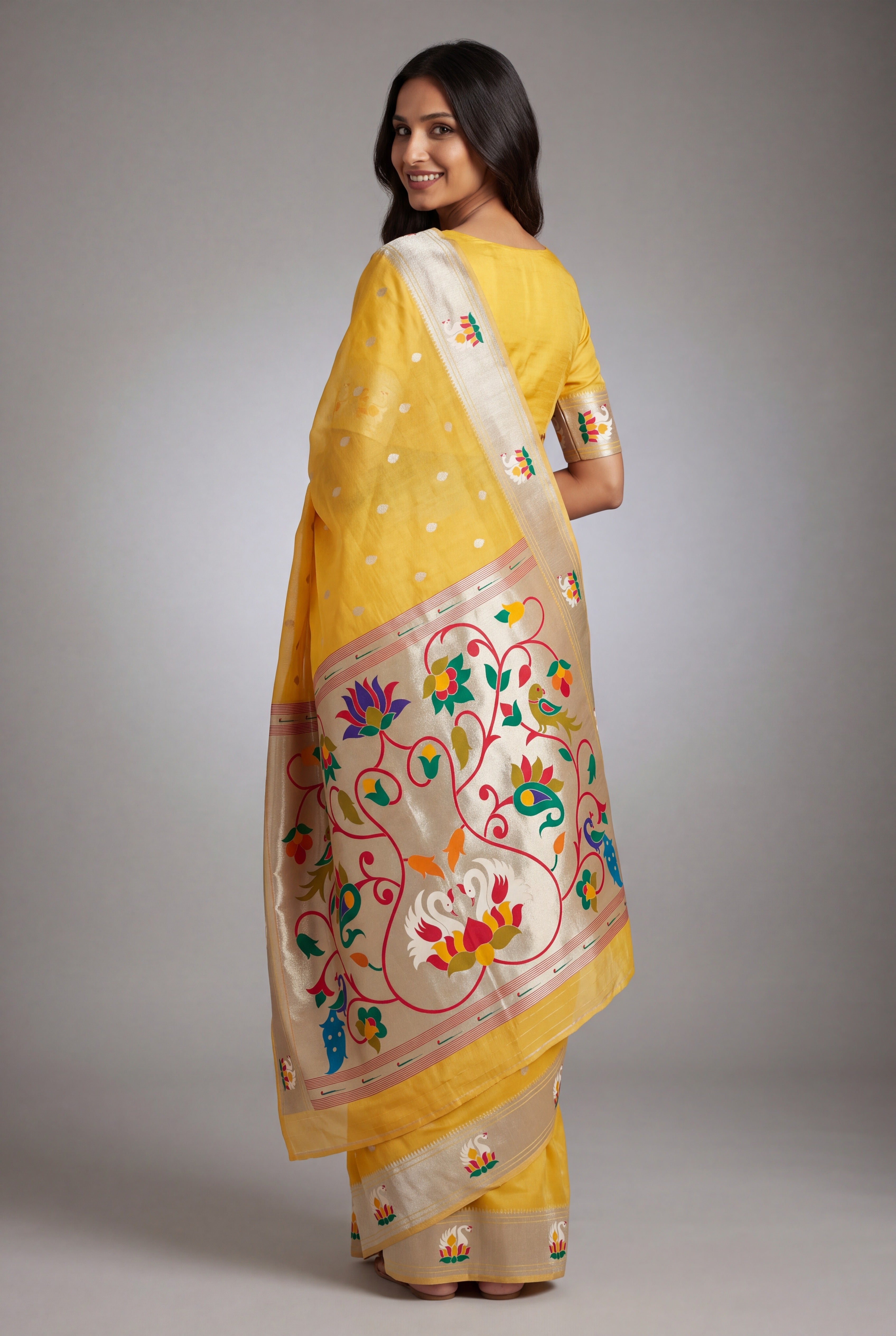 Haldi Yellow Tissue Organza Paithani Saree with Dhenu-vallī Pallu and Nandi border