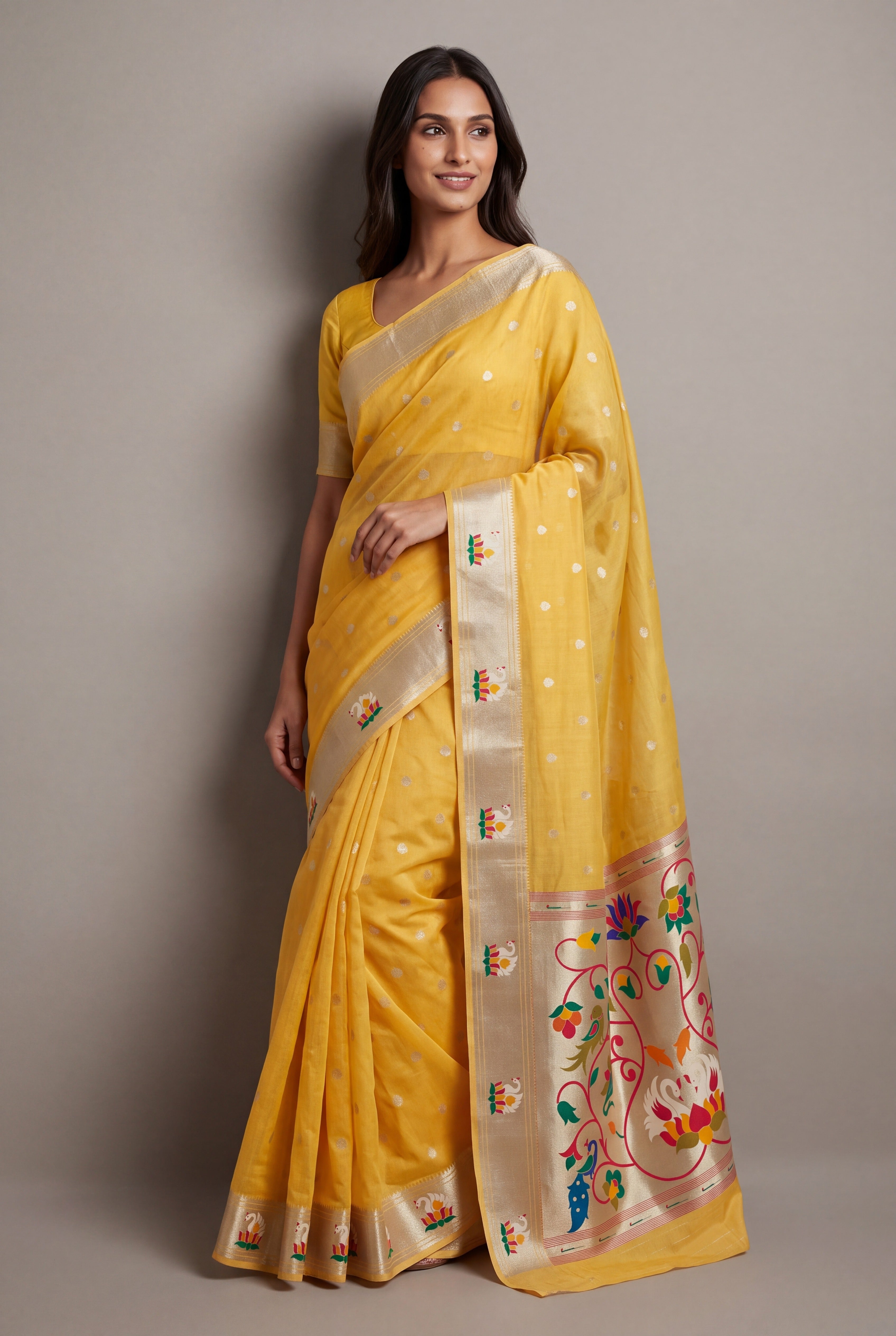Haldi Yellow Tissue Organza Paithani Saree with Dhenu-vallī Pallu and Nandi border