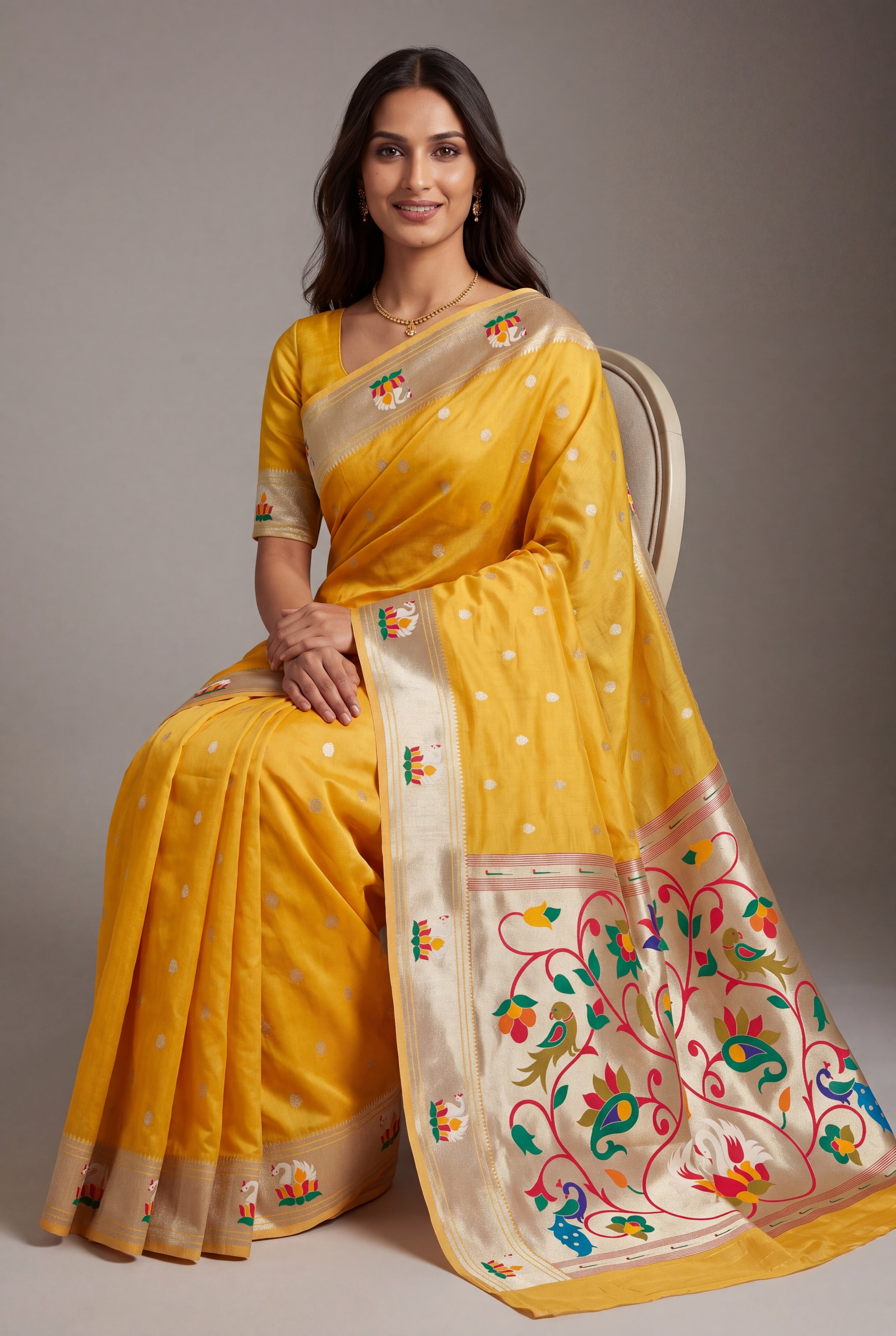 Haldi Yellow Tissue Organza Paithani Saree with Dhenu-vallī Pallu and Nandi border