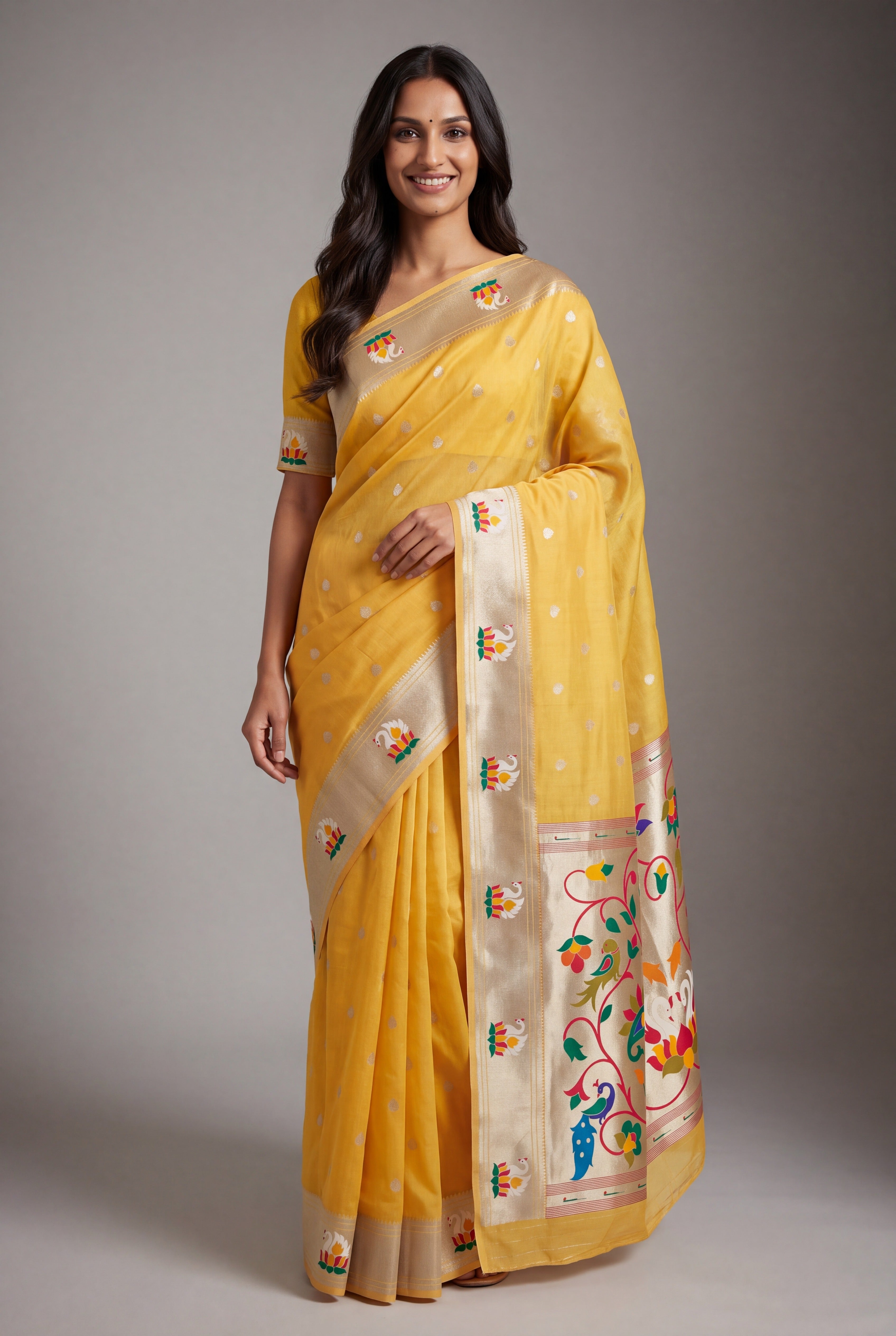 Haldi Yellow Tissue Organza Paithani Saree with Dhenu-vallī Pallu and Nandi border
