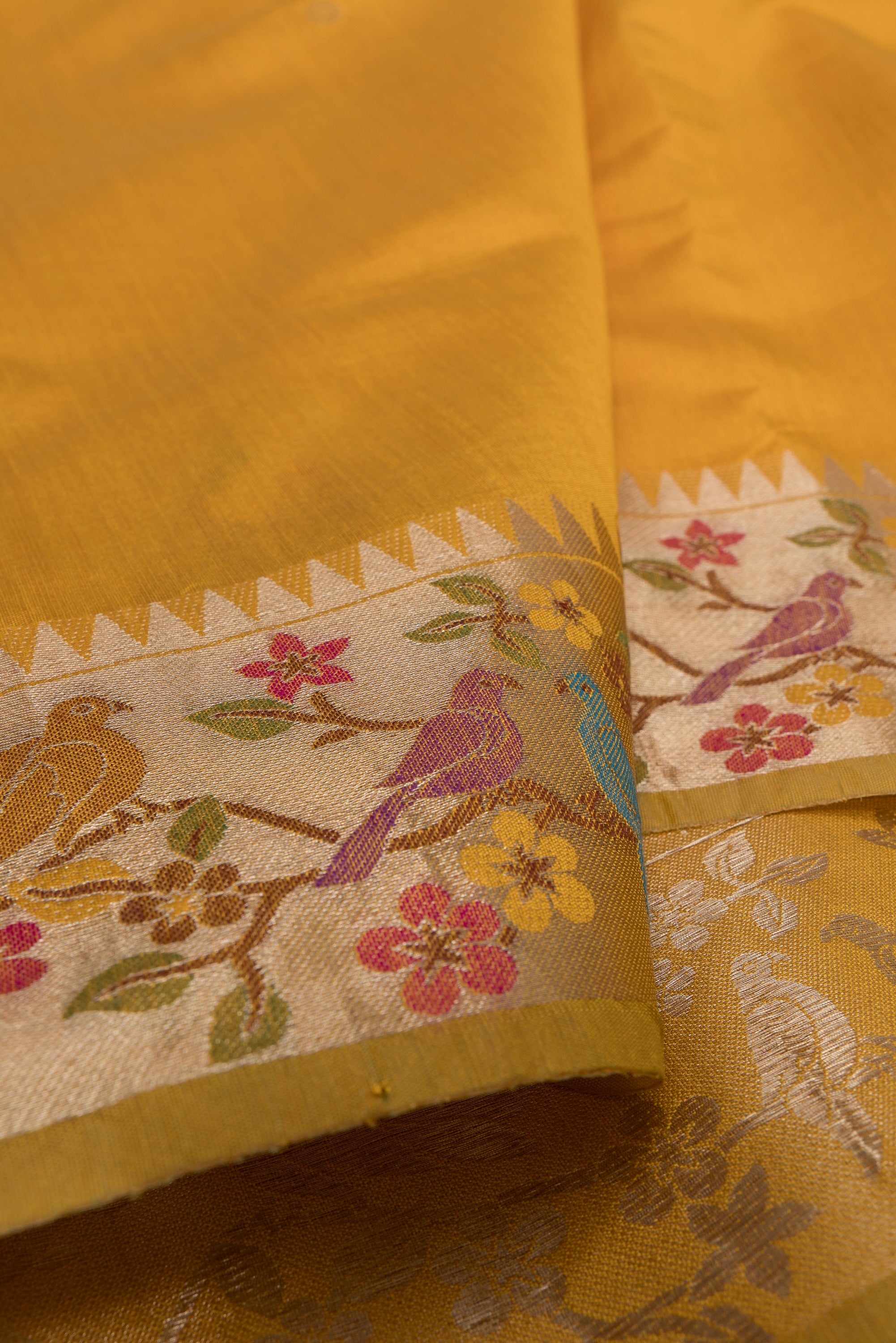 Haldi Yellow Tussar Silk Paithani Saree with Pakṣivana Pallu