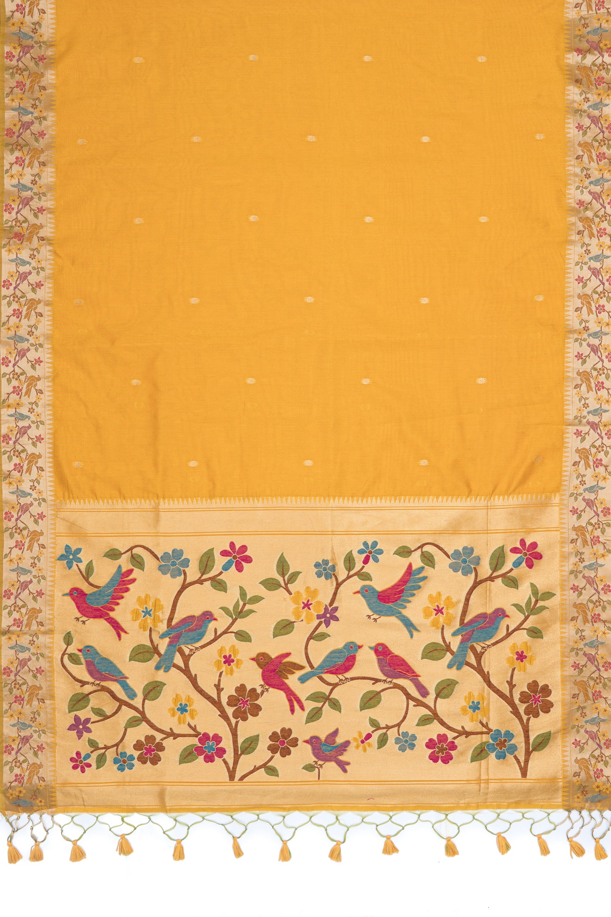 Haldi Yellow Tussar Silk Paithani Saree with Pakṣivana Pallu