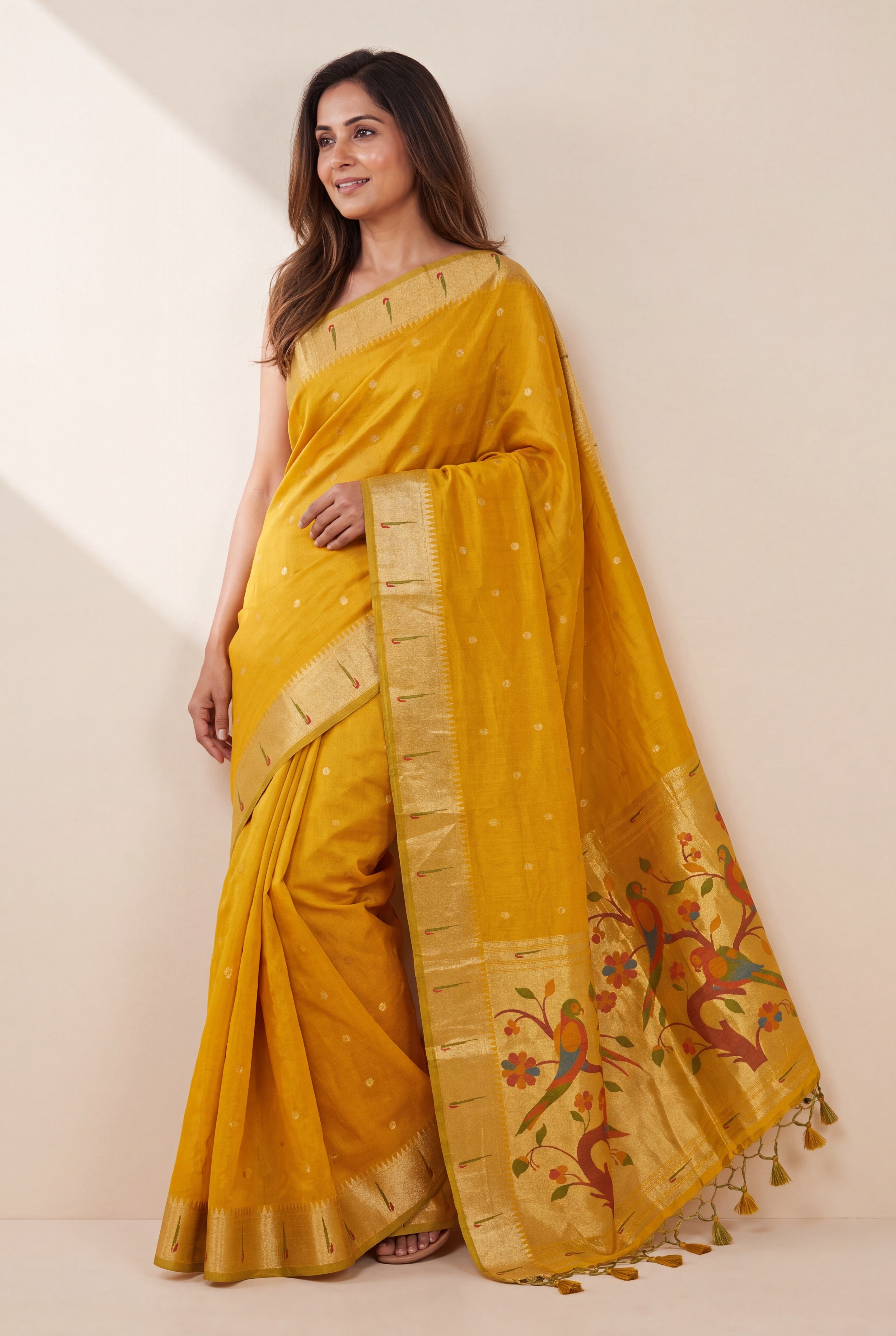 Haldi Yellow Tussar Silk Paithani Saree with Śukavṛkṣa Pallu