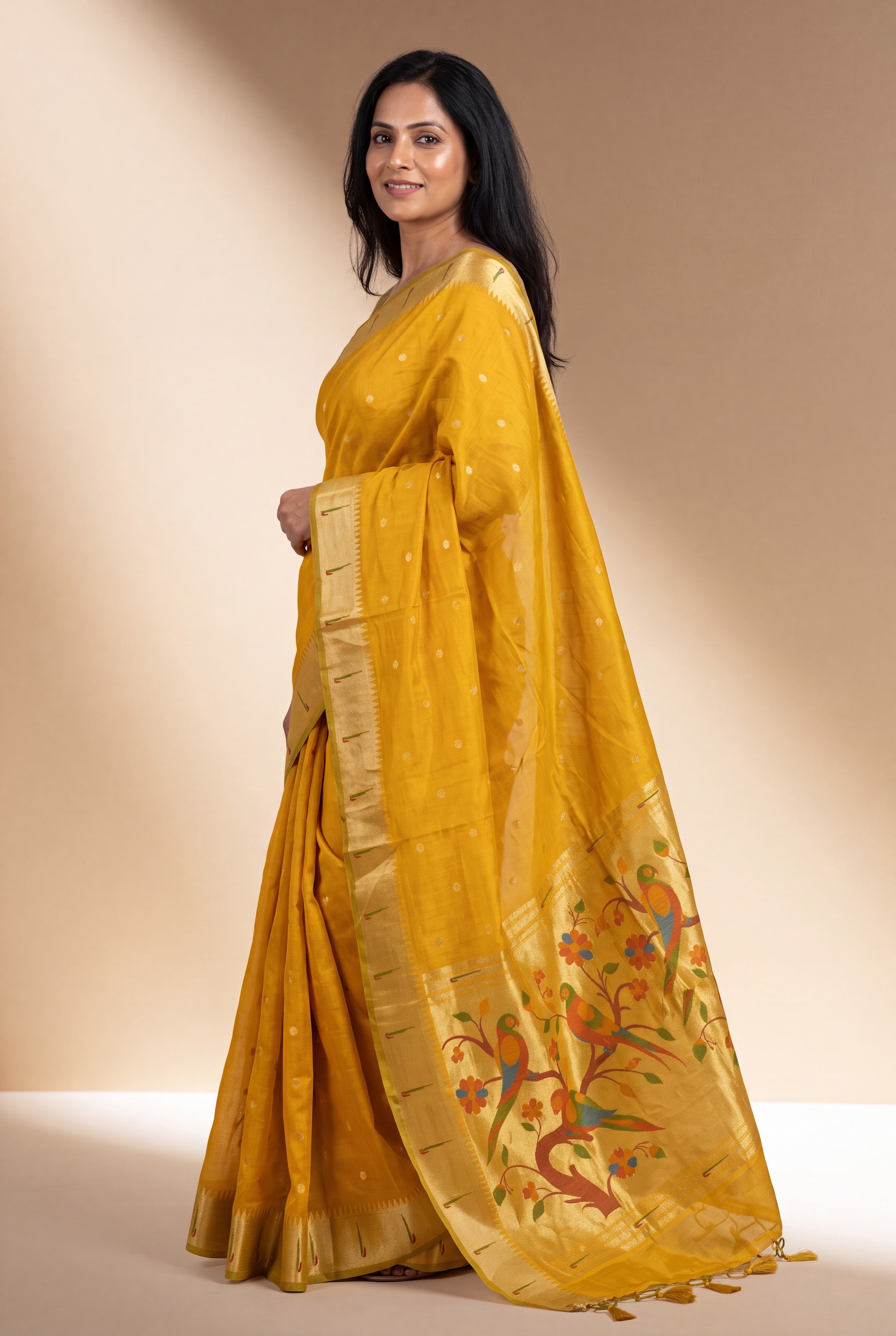 Haldi Yellow Tussar Silk Paithani Saree with Śukavṛkṣa Pallu