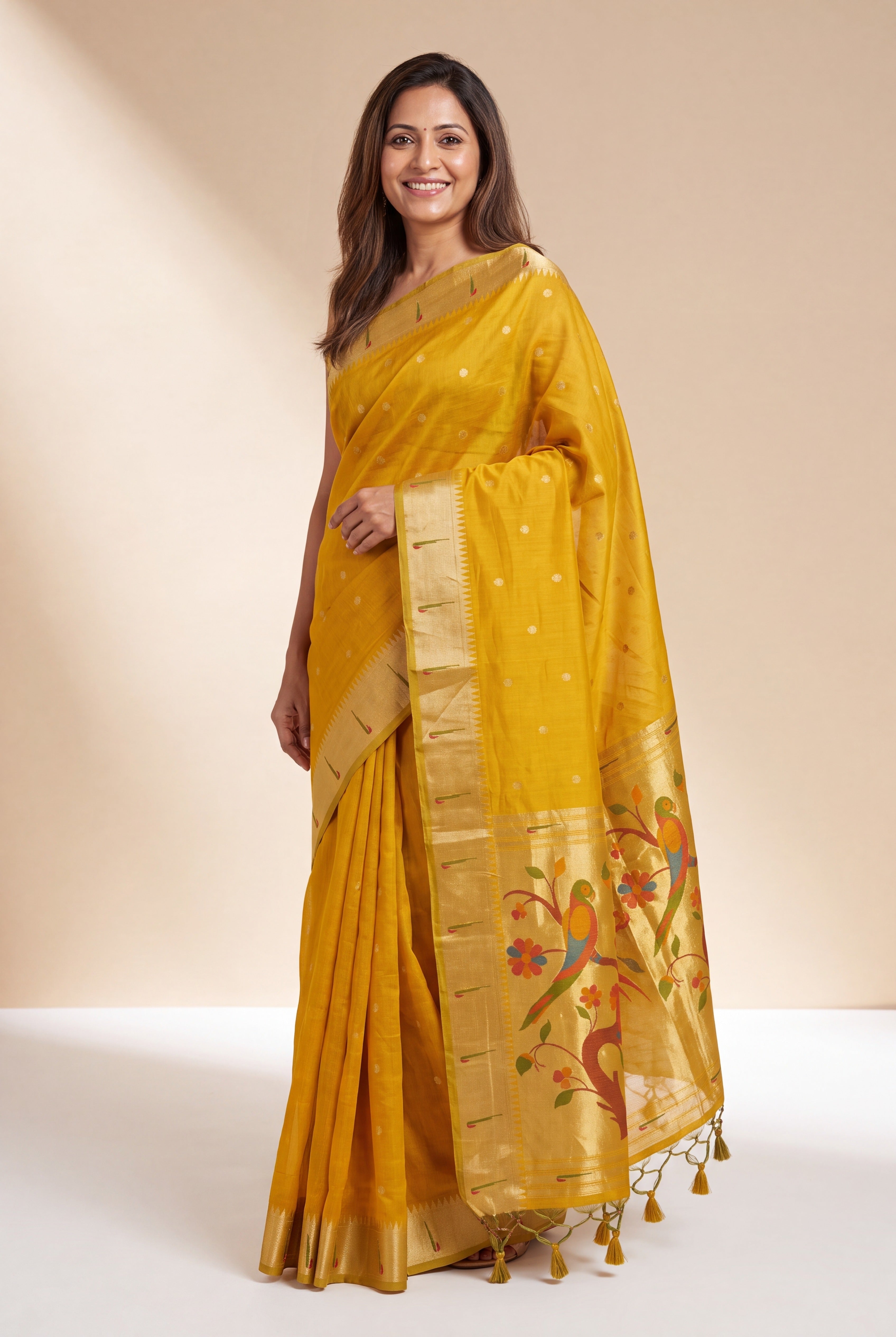 Haldi Yellow Tussar Silk Paithani Saree with Śukavṛkṣa Pallu