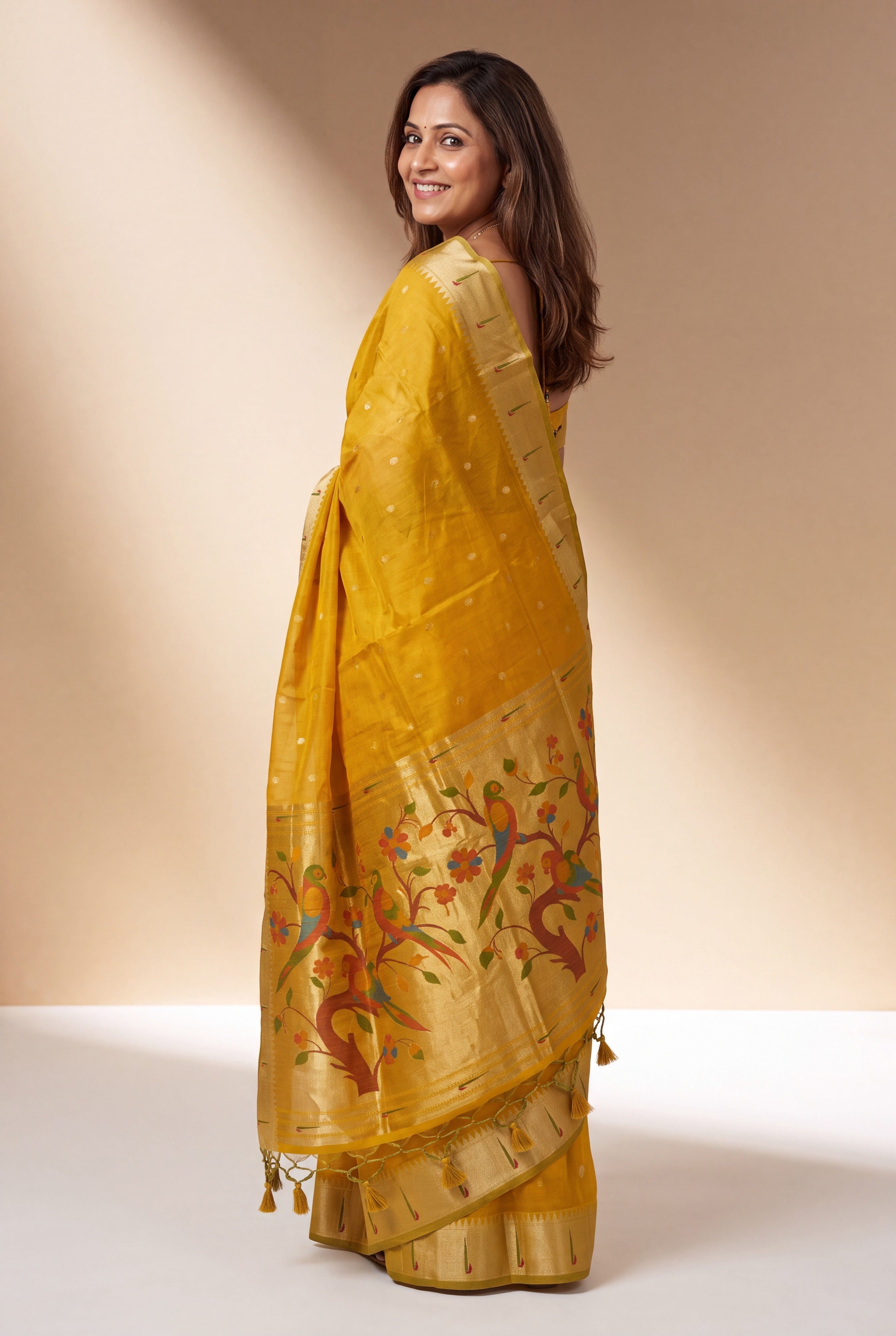 Haldi Yellow Tussar Silk Paithani Saree with Śukavṛkṣa Pallu