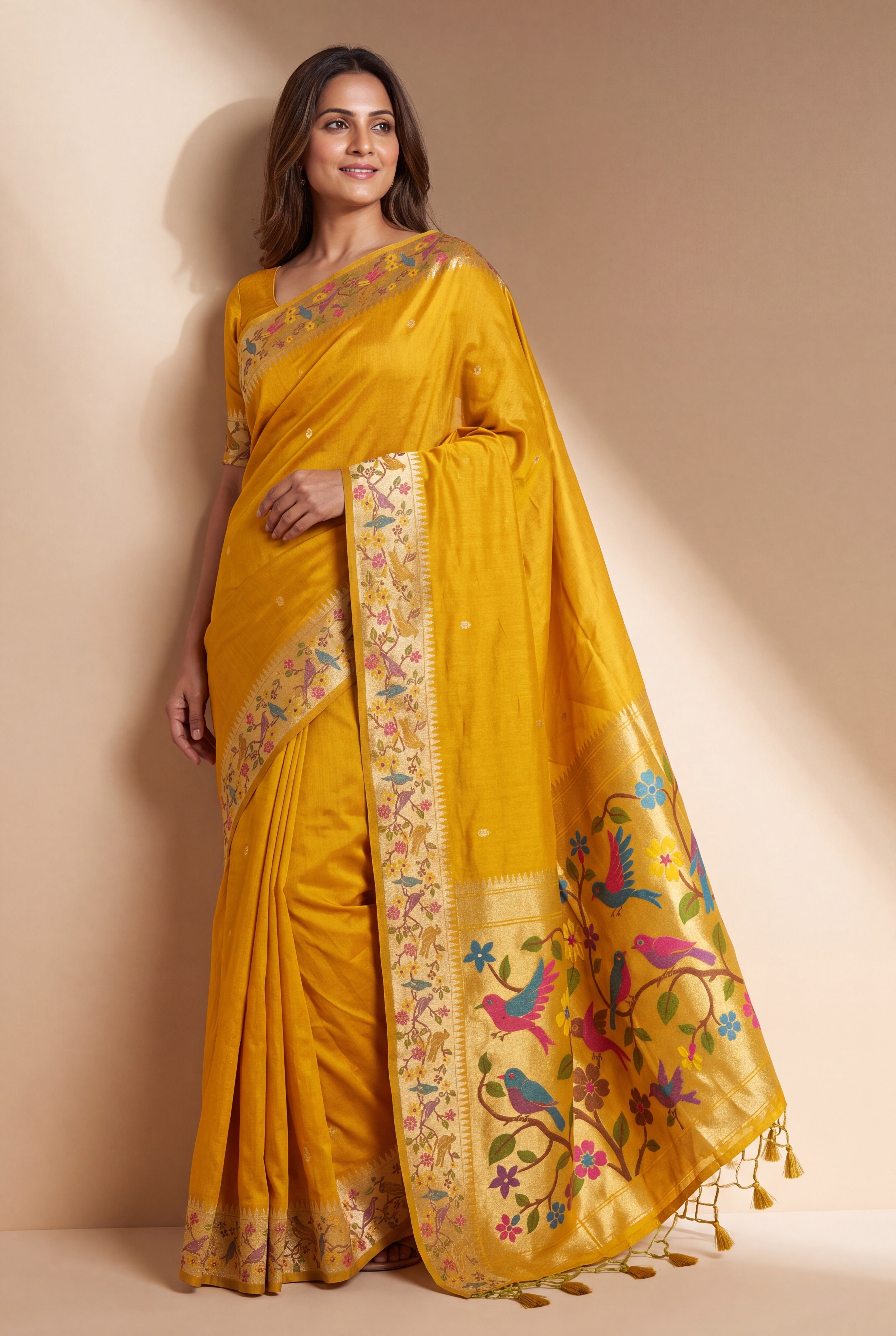 Haldi Yellow Tussar Silk Paithani Saree with Vihaṅga Pallu and border