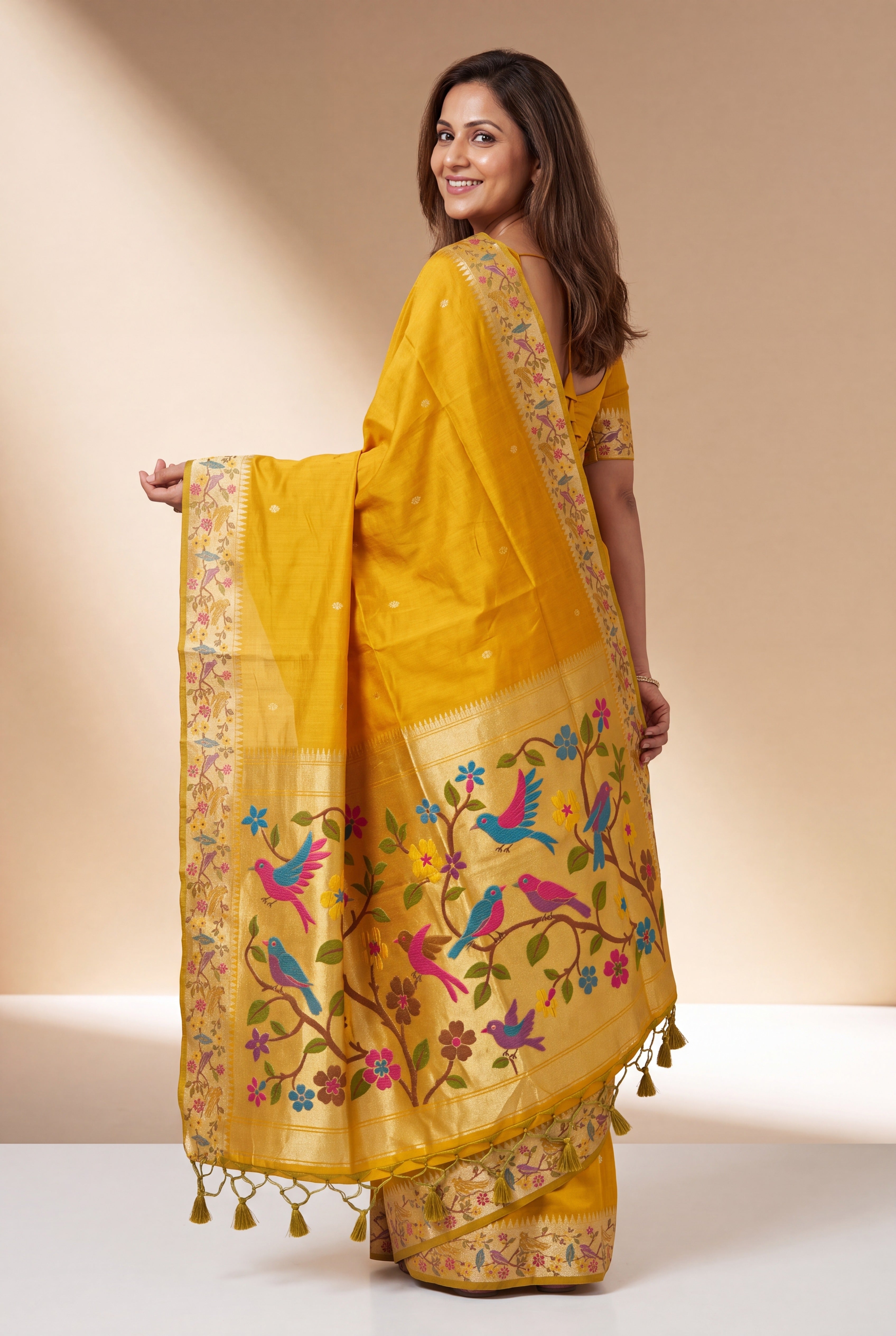 Haldi Yellow Tussar Silk Paithani Saree with Vihaṅga Pallu and border