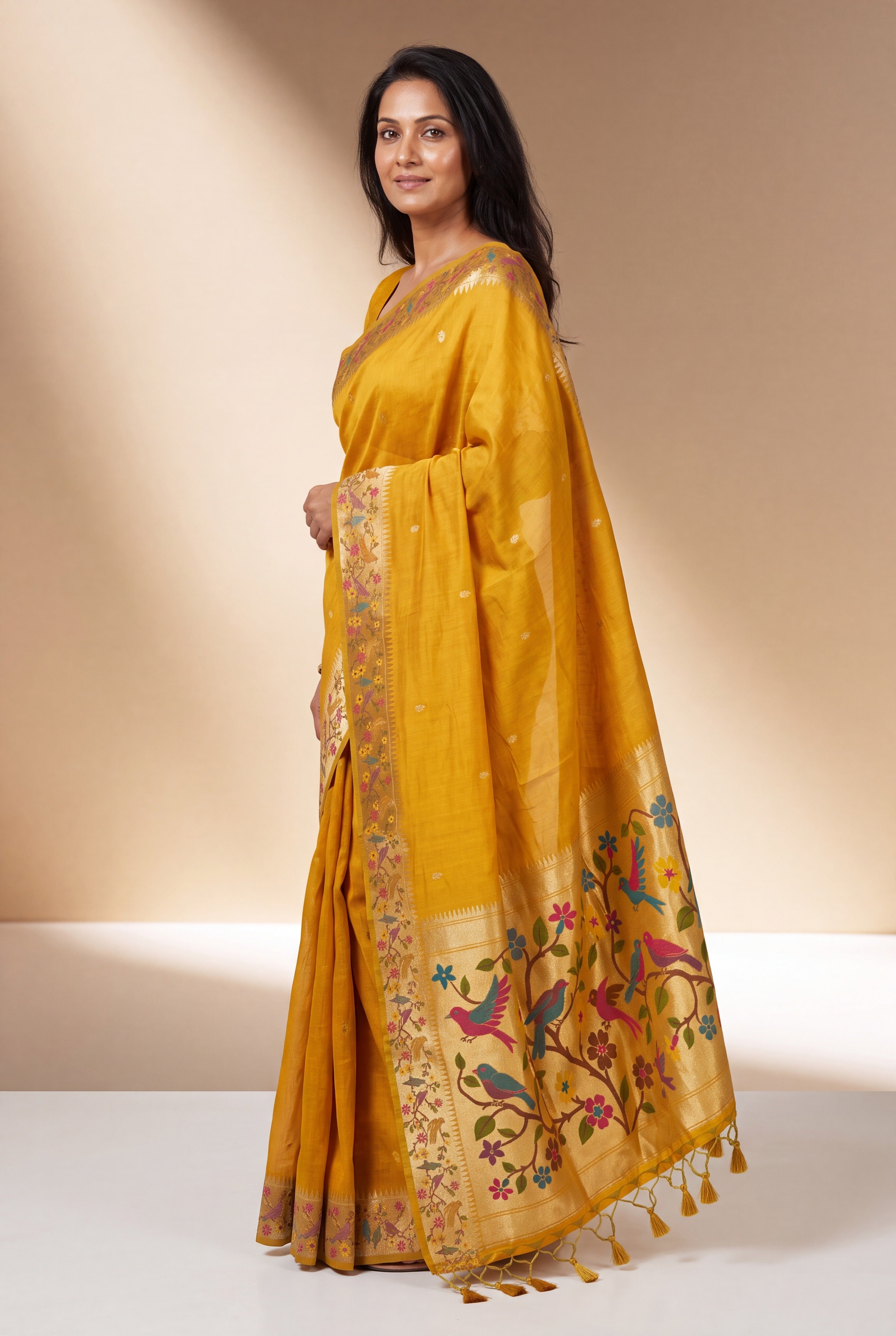 Haldi Yellow Tussar Silk Paithani Saree with Vihaṅga Pallu and border
