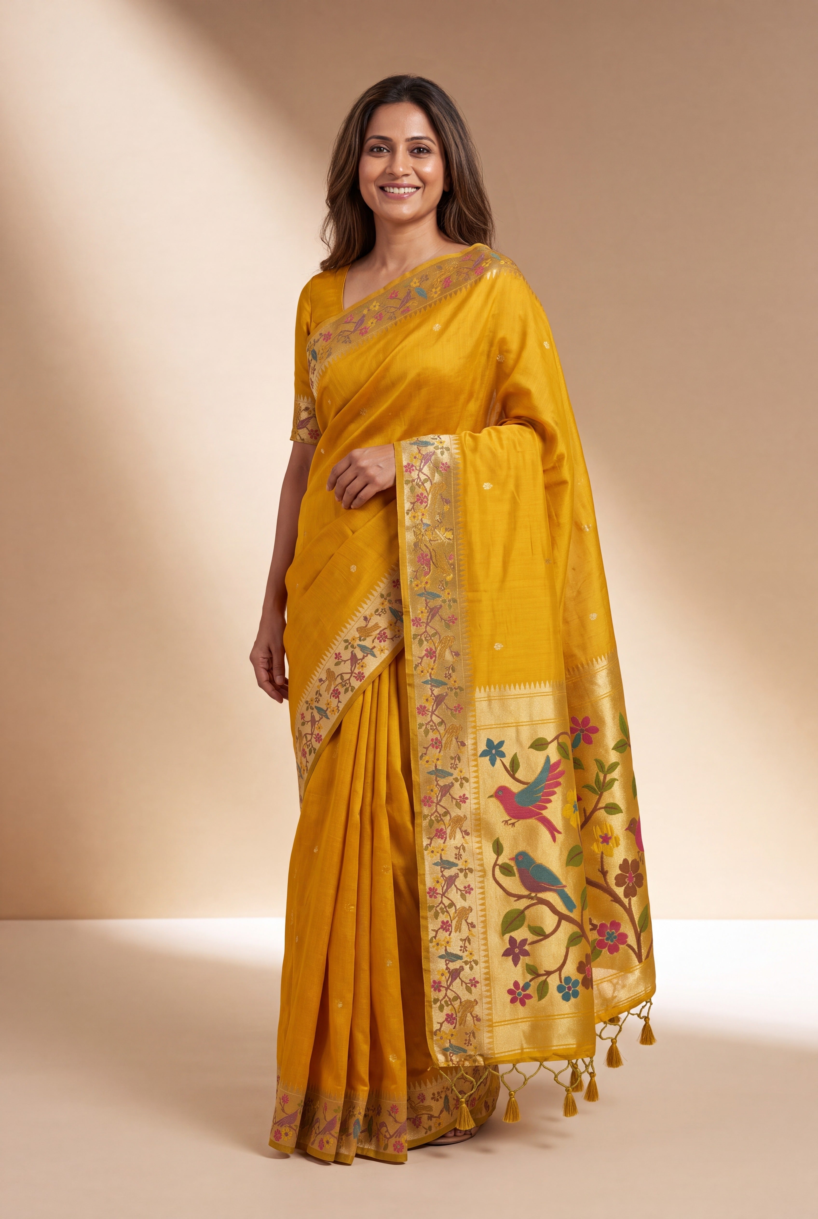 Haldi Yellow Tussar Silk Paithani Saree with Vihaṅga Pallu and border