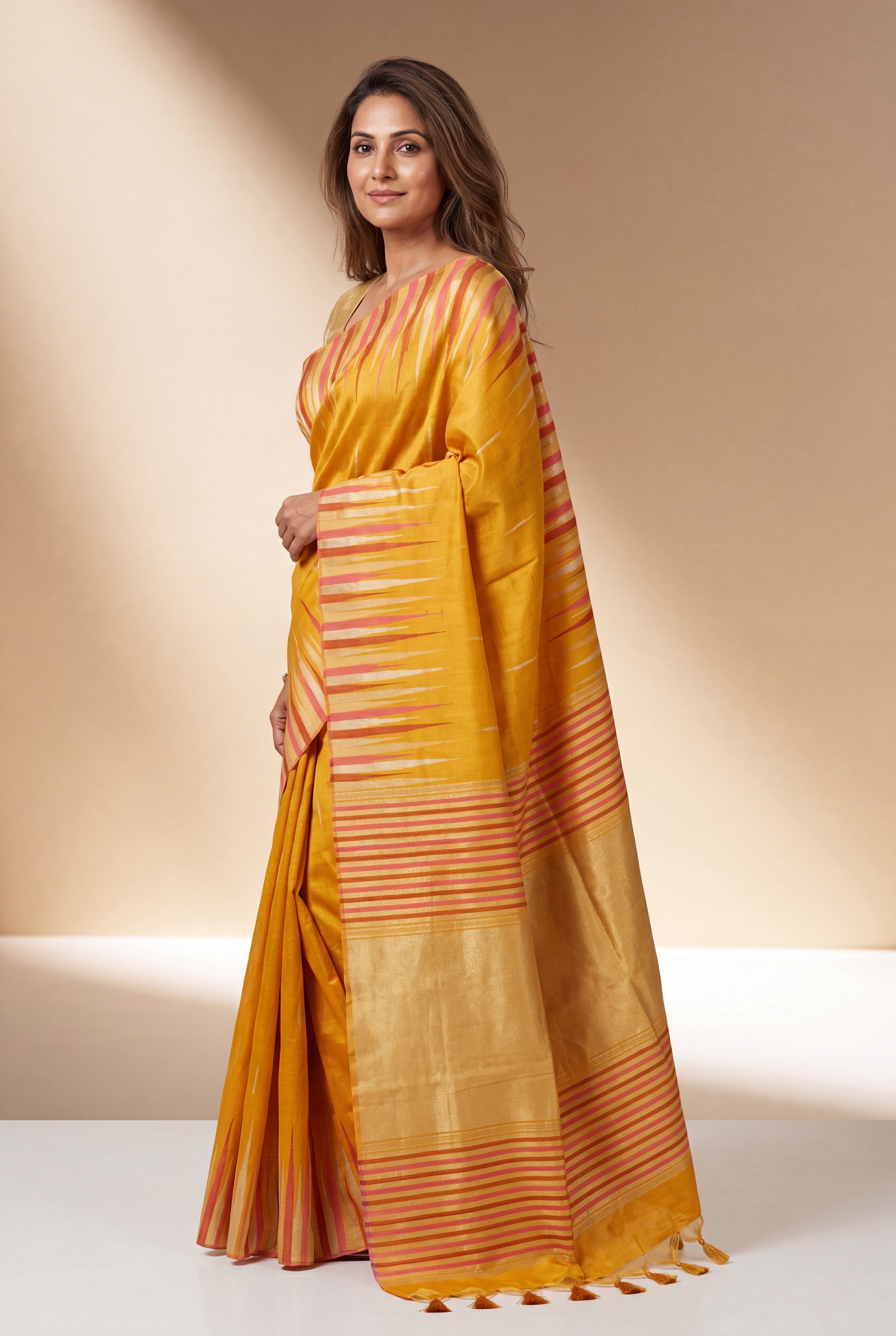 Haldi Yellow Tussar Silk Saree with Resham and Zari Irkal border