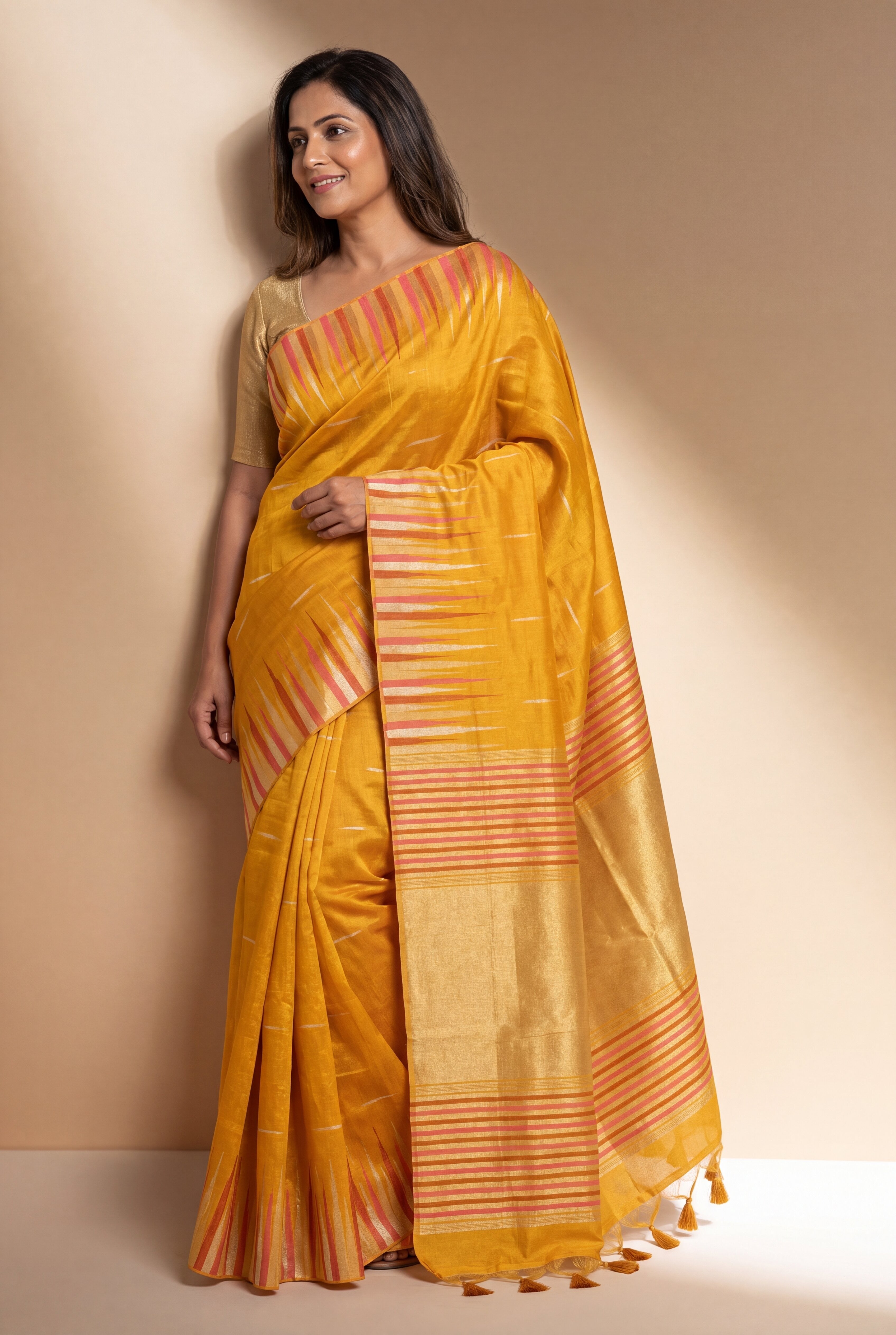 Haldi Yellow Tussar Silk Saree with Resham and Zari Irkal border