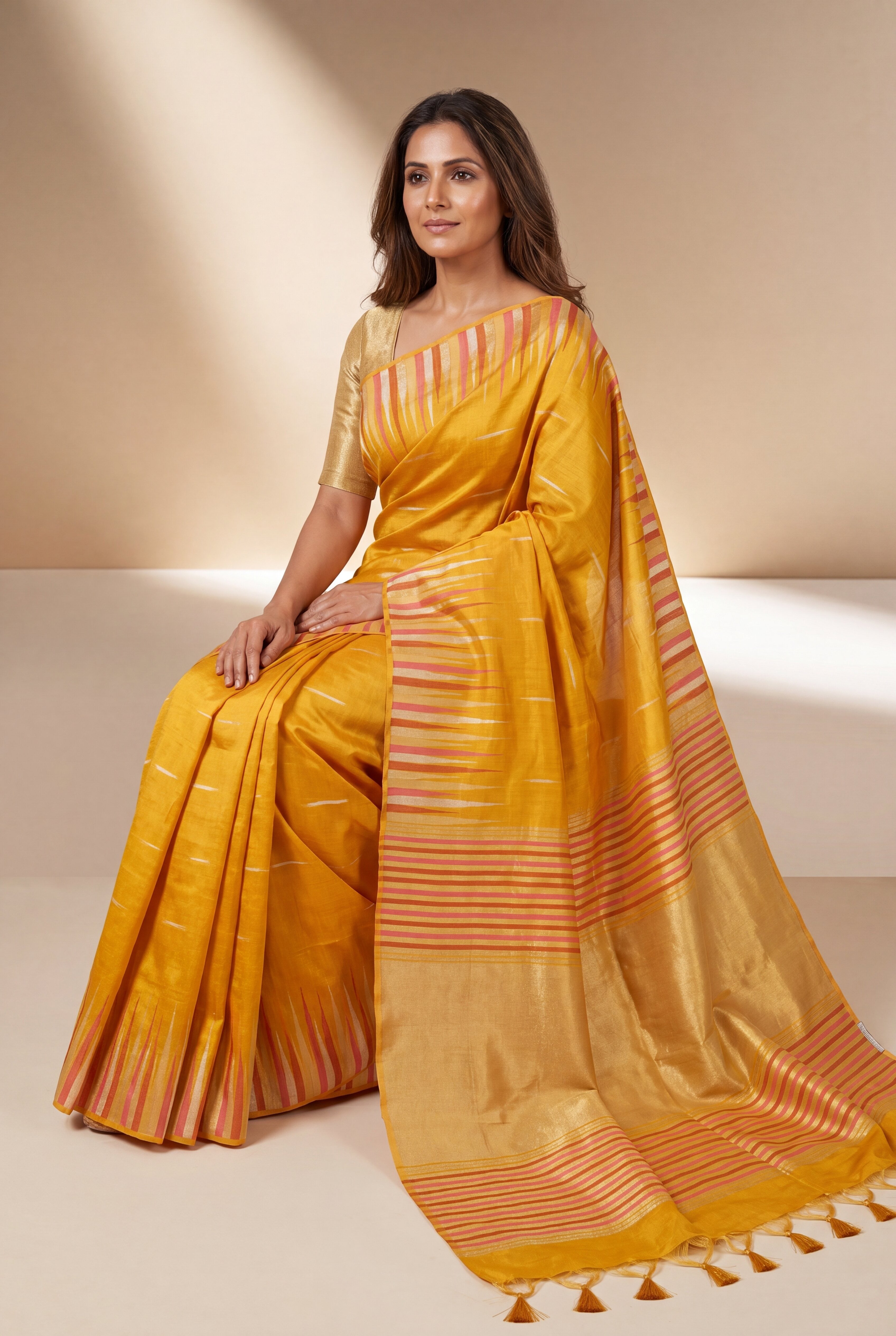 Haldi Yellow Tussar Silk Saree with Resham and Zari Irkal border