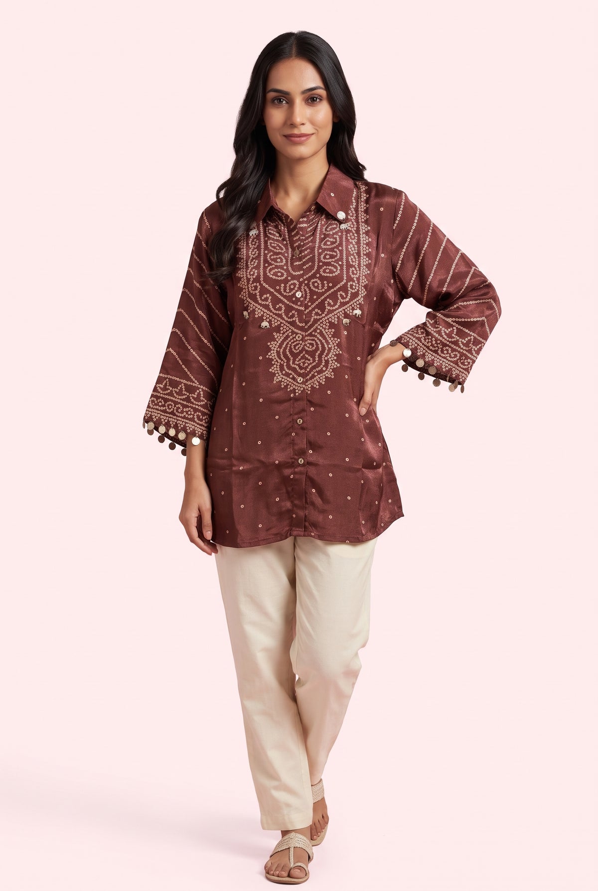 Rust Bandhej Print Shirt with Embroidered Metallic Collar