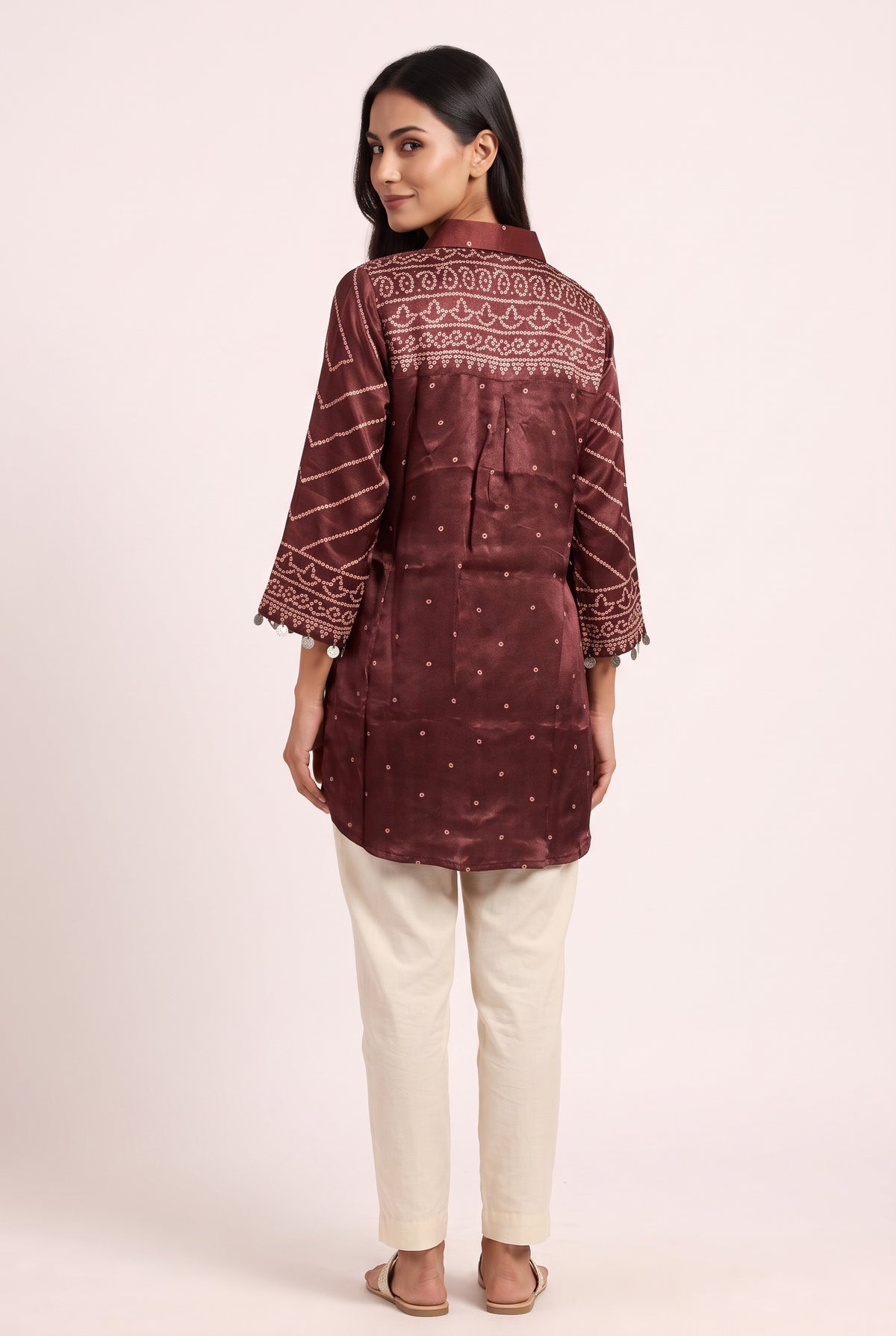 Rust Bandhej Print Shirt with Embroidered Metallic Collar