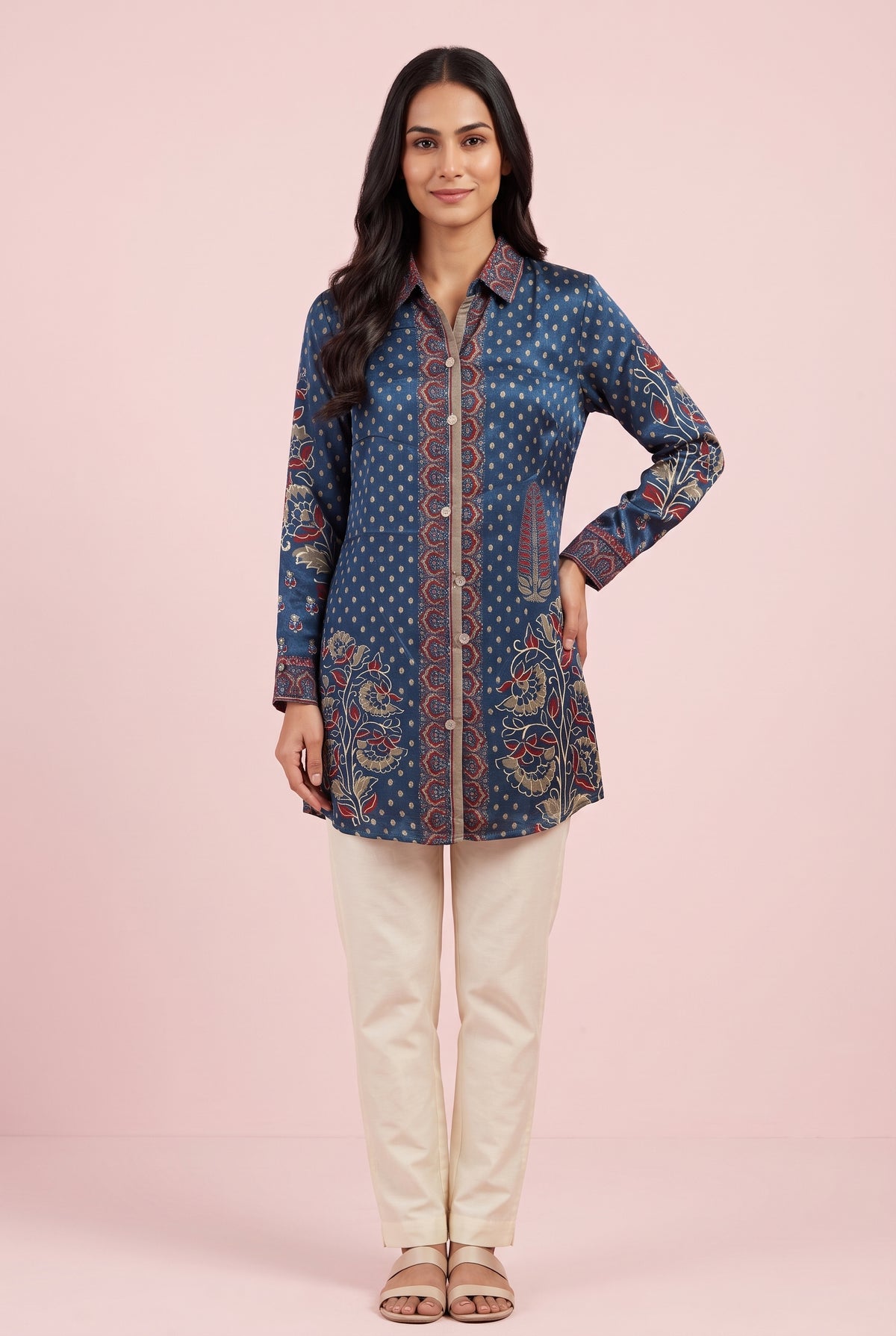 Navy Blue Floral Print Shirt with Rust Border Detailing and Metallic Embroidary