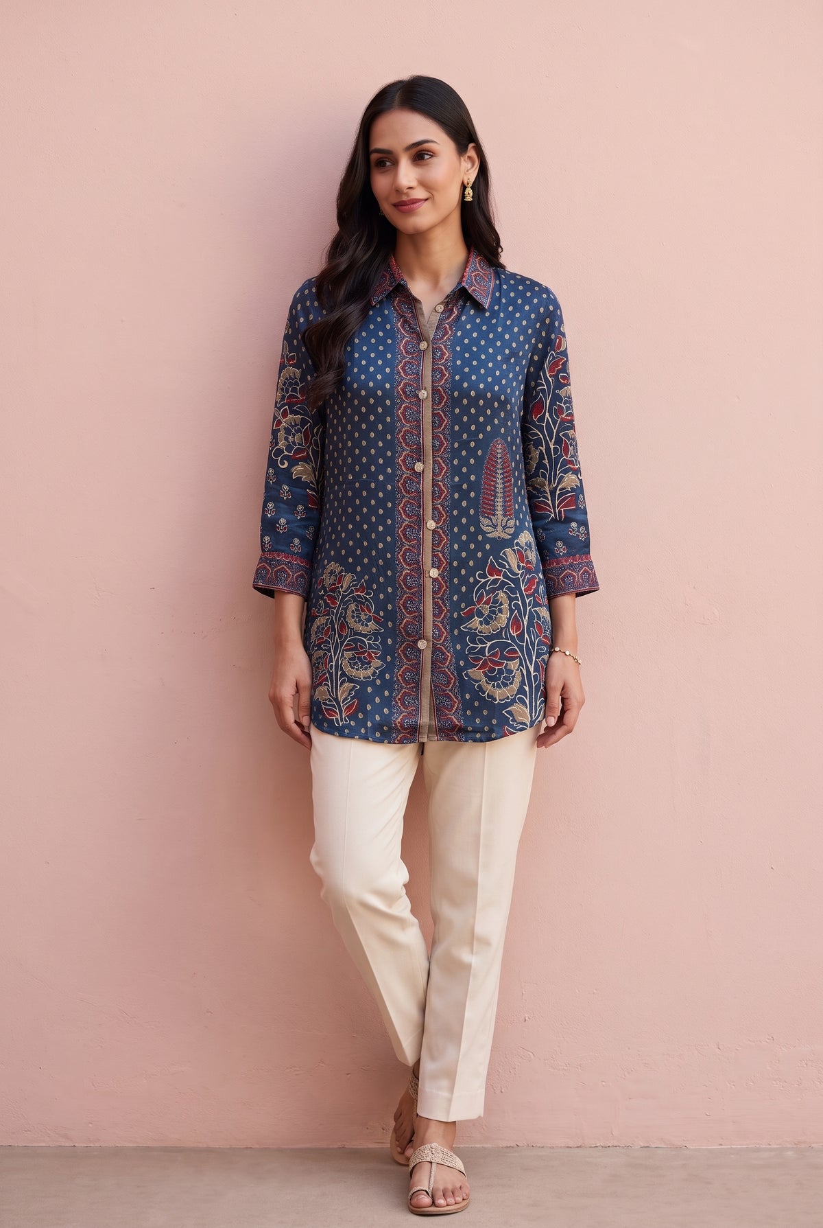Navy Blue Floral Print Shirt with Rust Border Detailing and Metallic Embroidary