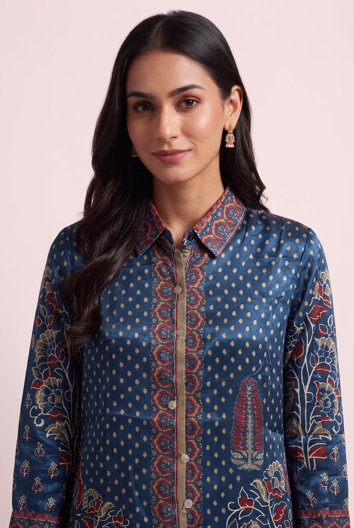 Navy Blue Floral Print Shirt with Rust Border Detailing and Metallic Embroidary