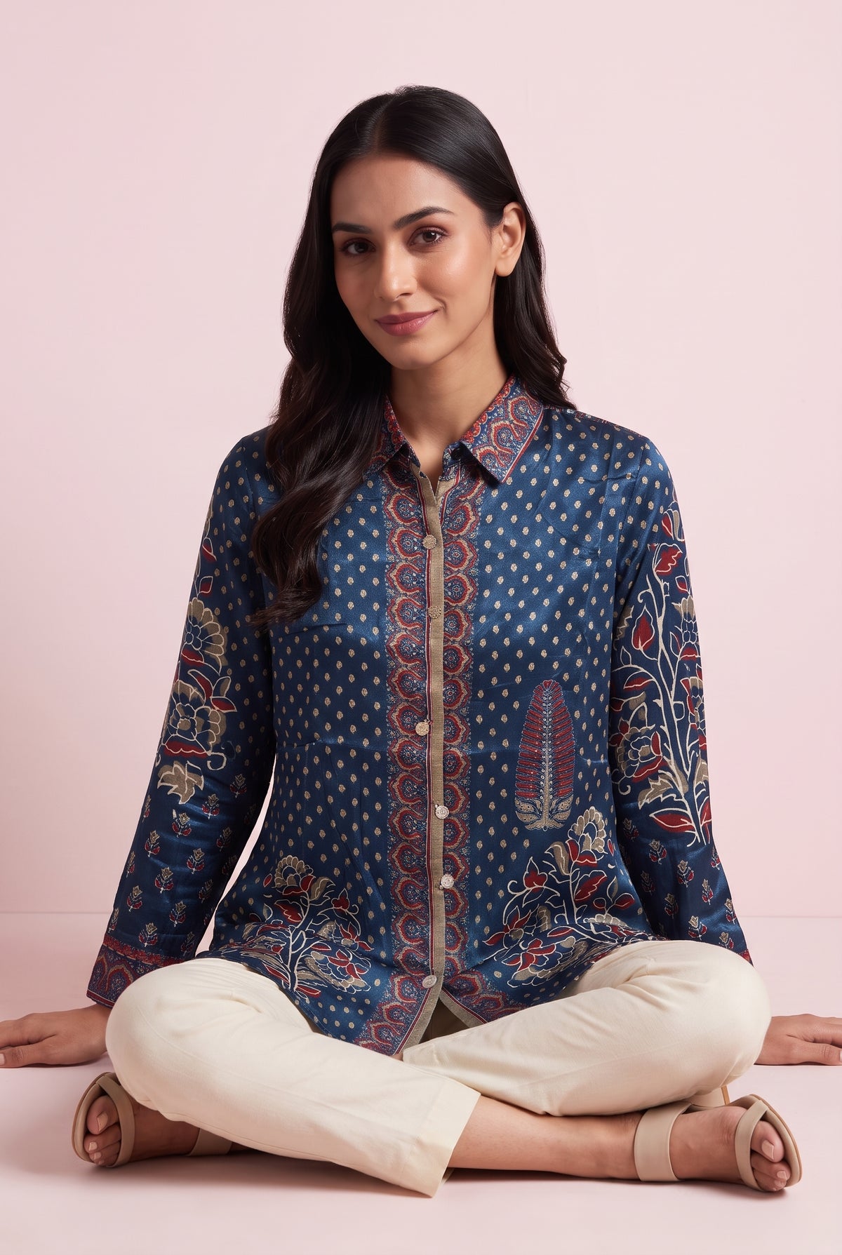 Navy Blue Floral Print Shirt with Rust Border Detailing and Metallic Embroidary