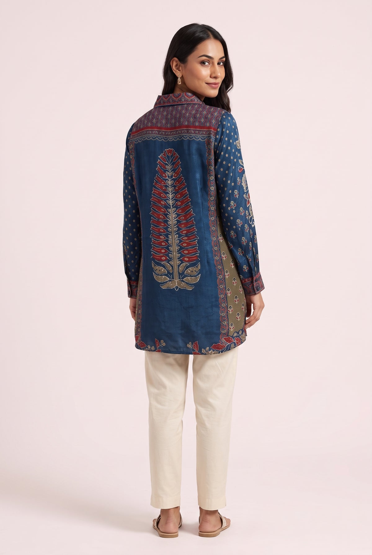 Navy Blue Floral Print Shirt with Rust Border Detailing and Metallic Embroidary