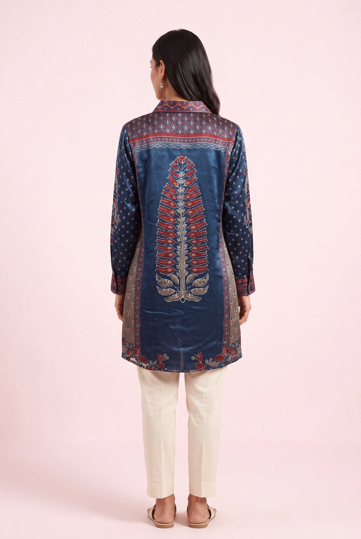 Navy Blue Floral Print Shirt with Rust Border Detailing and Metallic Embroidary