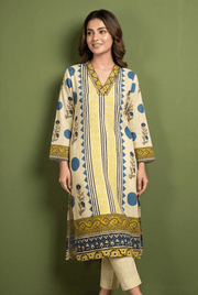 Butter Yellow Kusumarekha Kurti with Floral Block Print