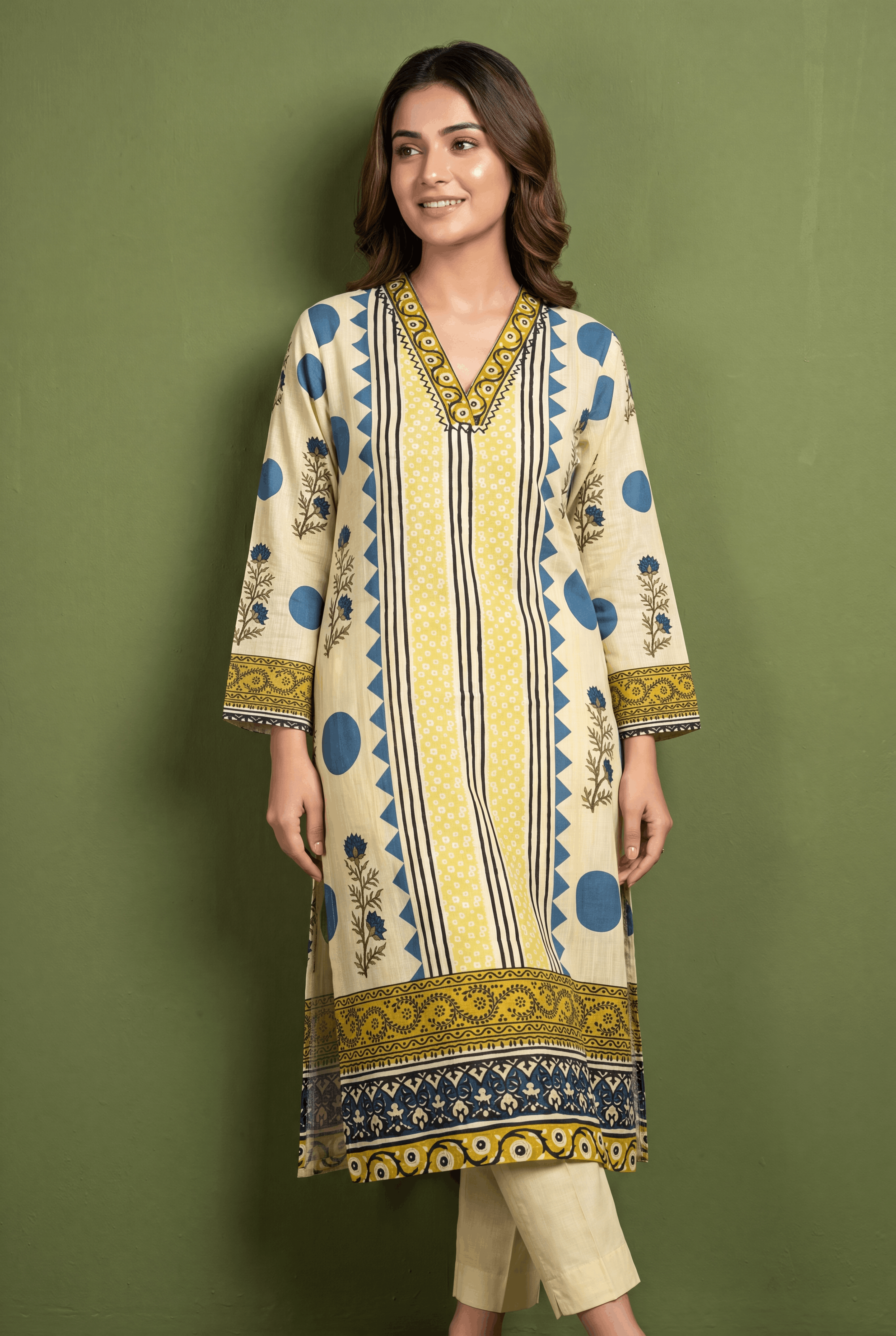 Butter Yellow Kusumarekha Kurti with Floral Block Print