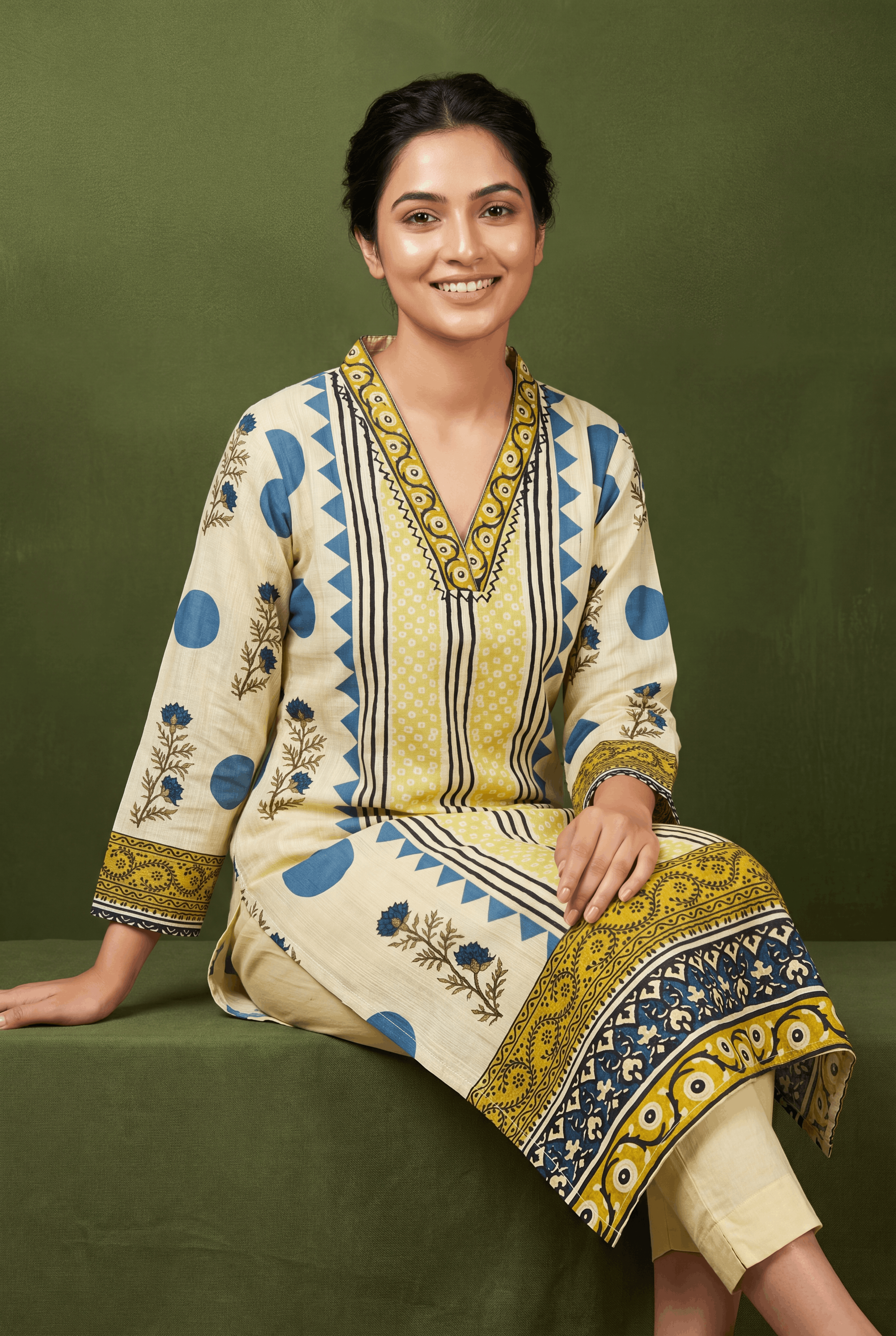 Butter Yellow Kusumarekha Kurti with Floral Block Print