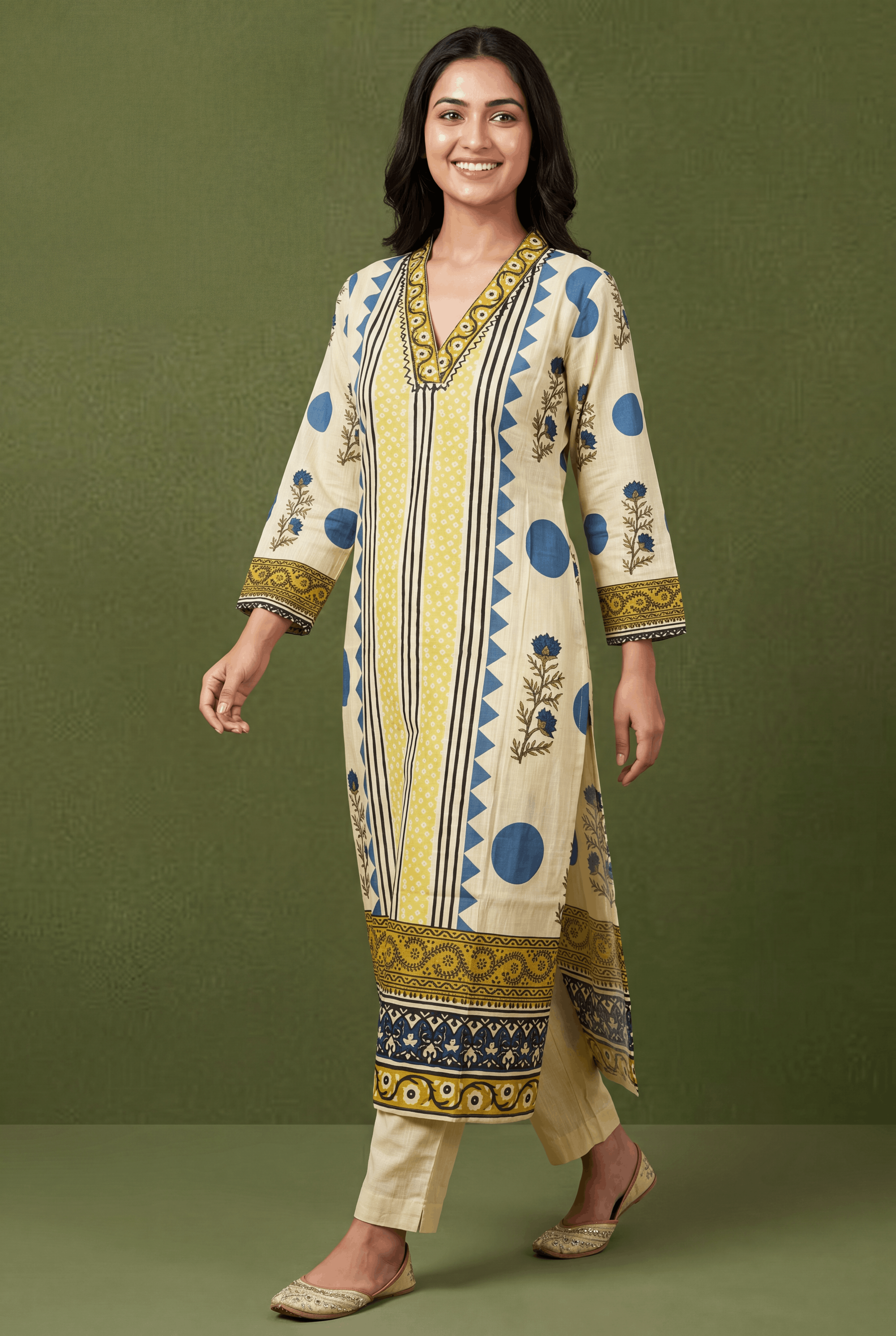 Butter Yellow Kusumarekha Kurti with Floral Block Print