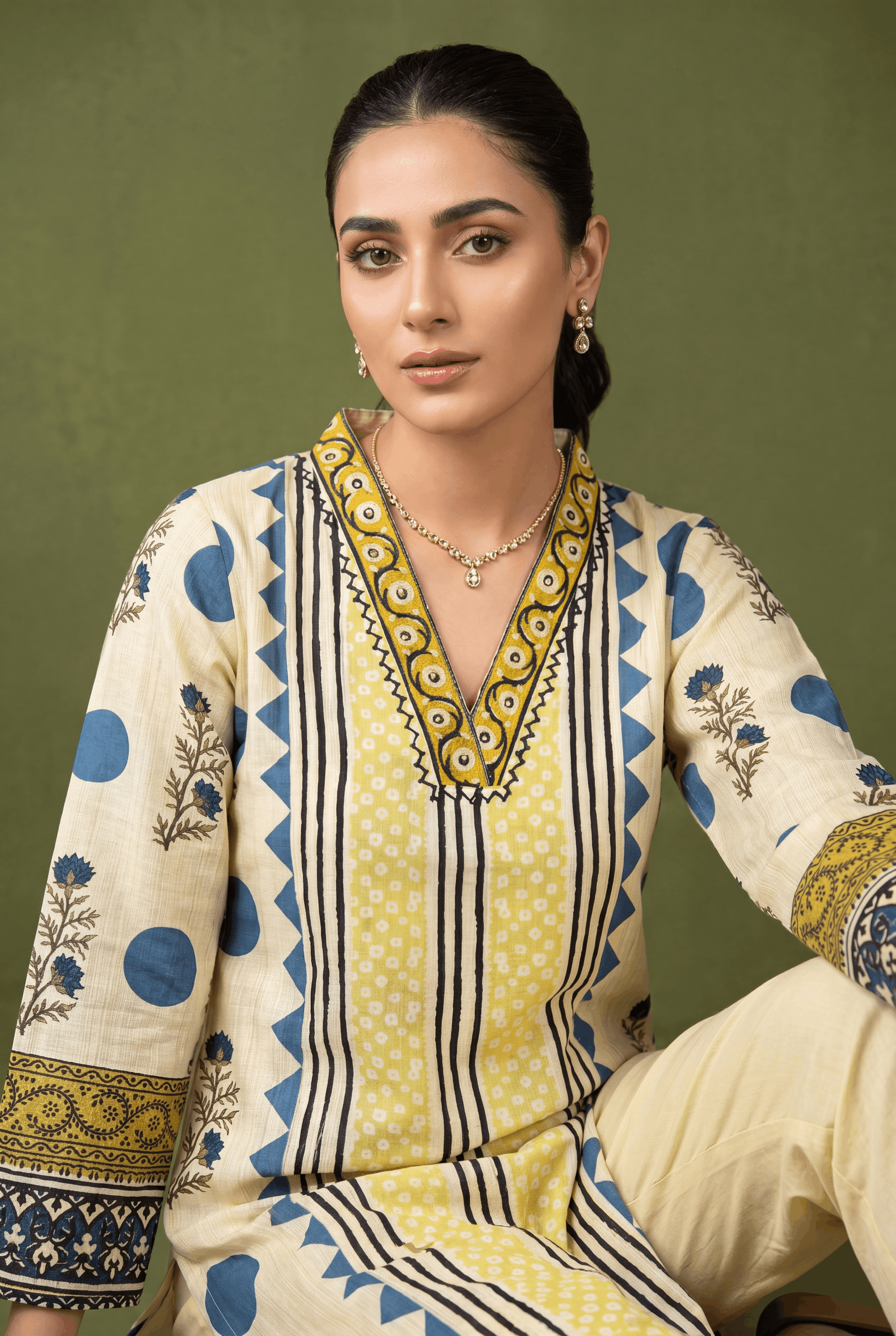 Butter Yellow Kusumarekha Kurti with Floral Block Print