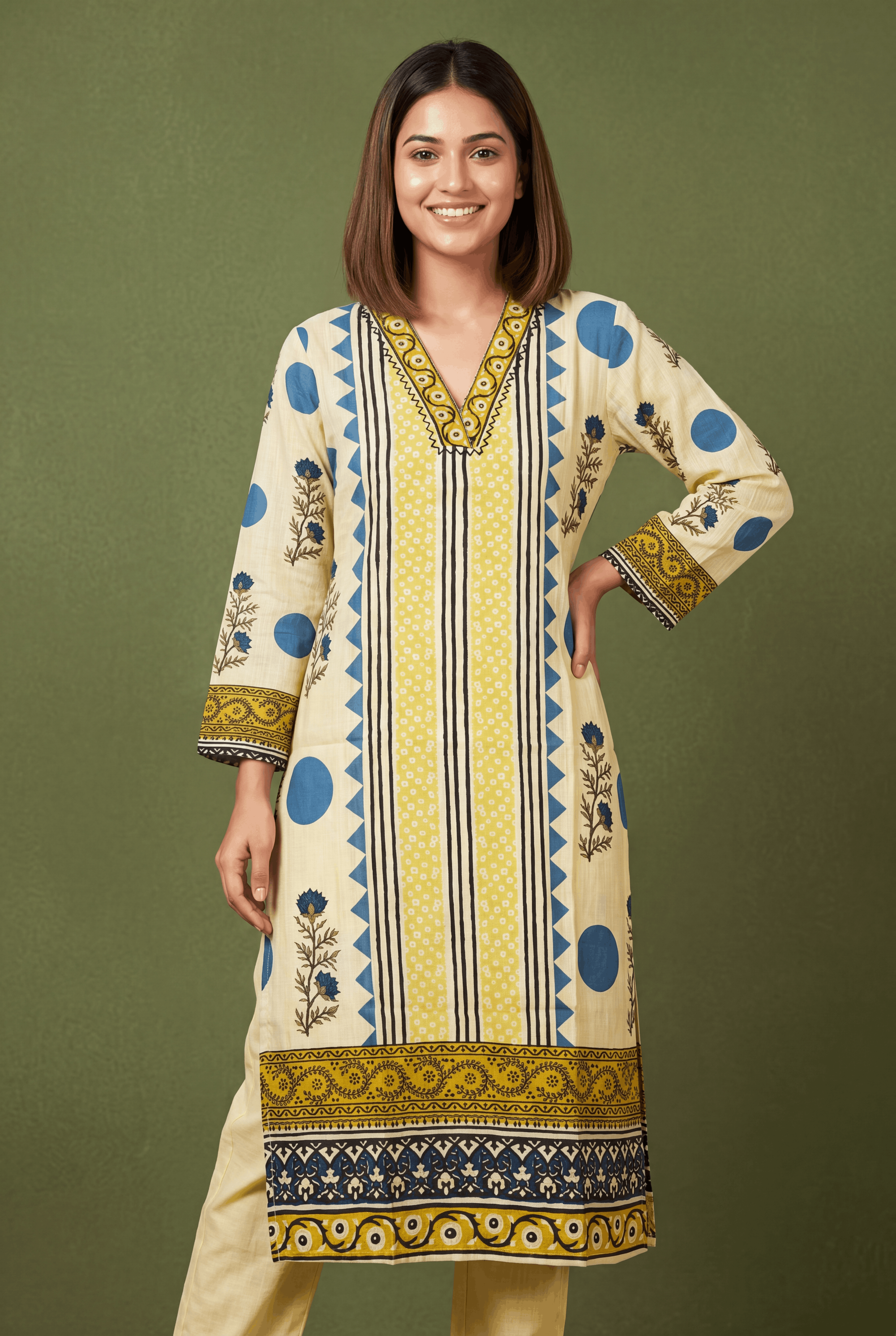 Butter Yellow Kusumarekha Kurti with Floral Block Print