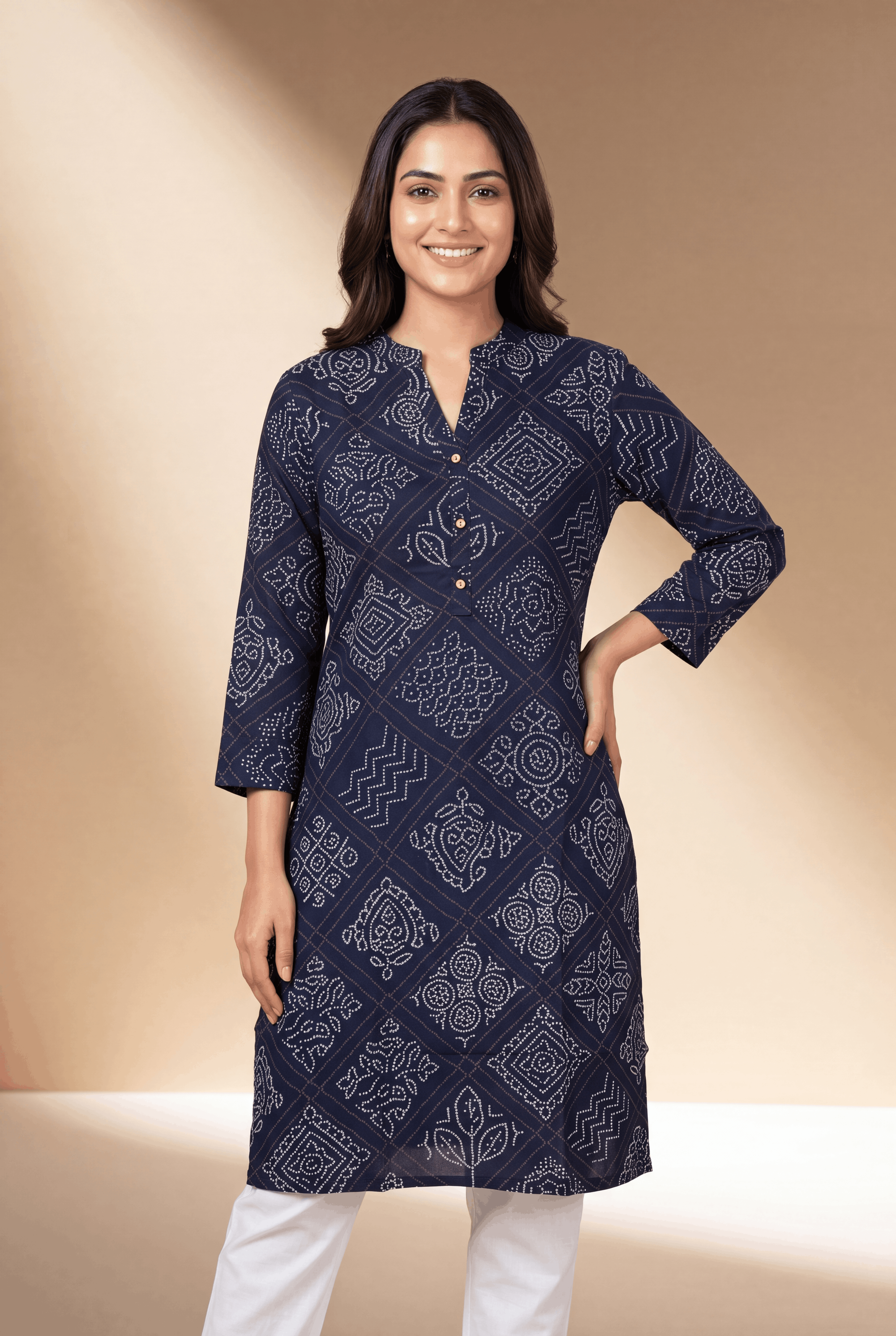 Navy Blue Bindulekha Kurti with Bandhani print