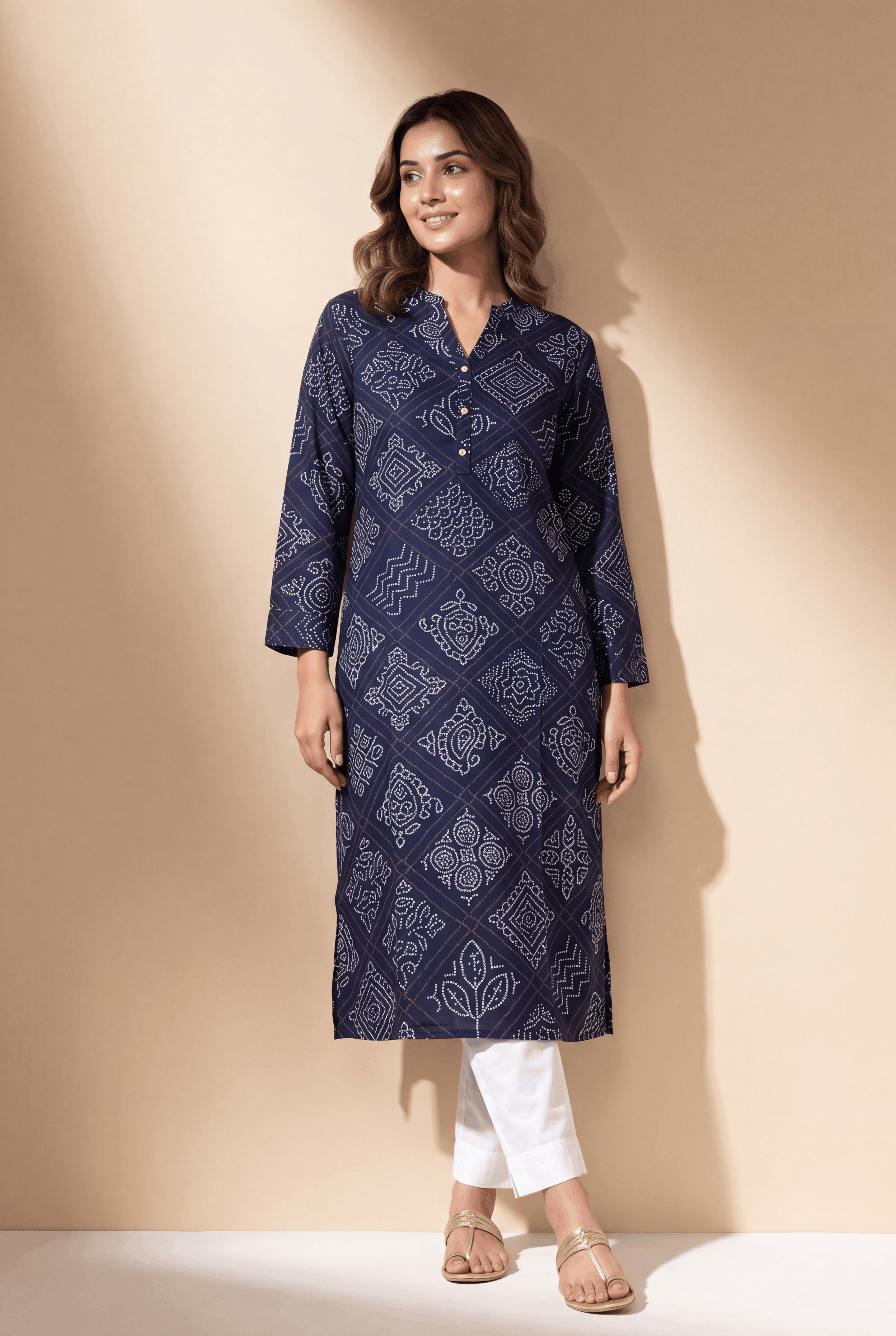 Navy Blue Bindulekha Kurti with Bandhani print