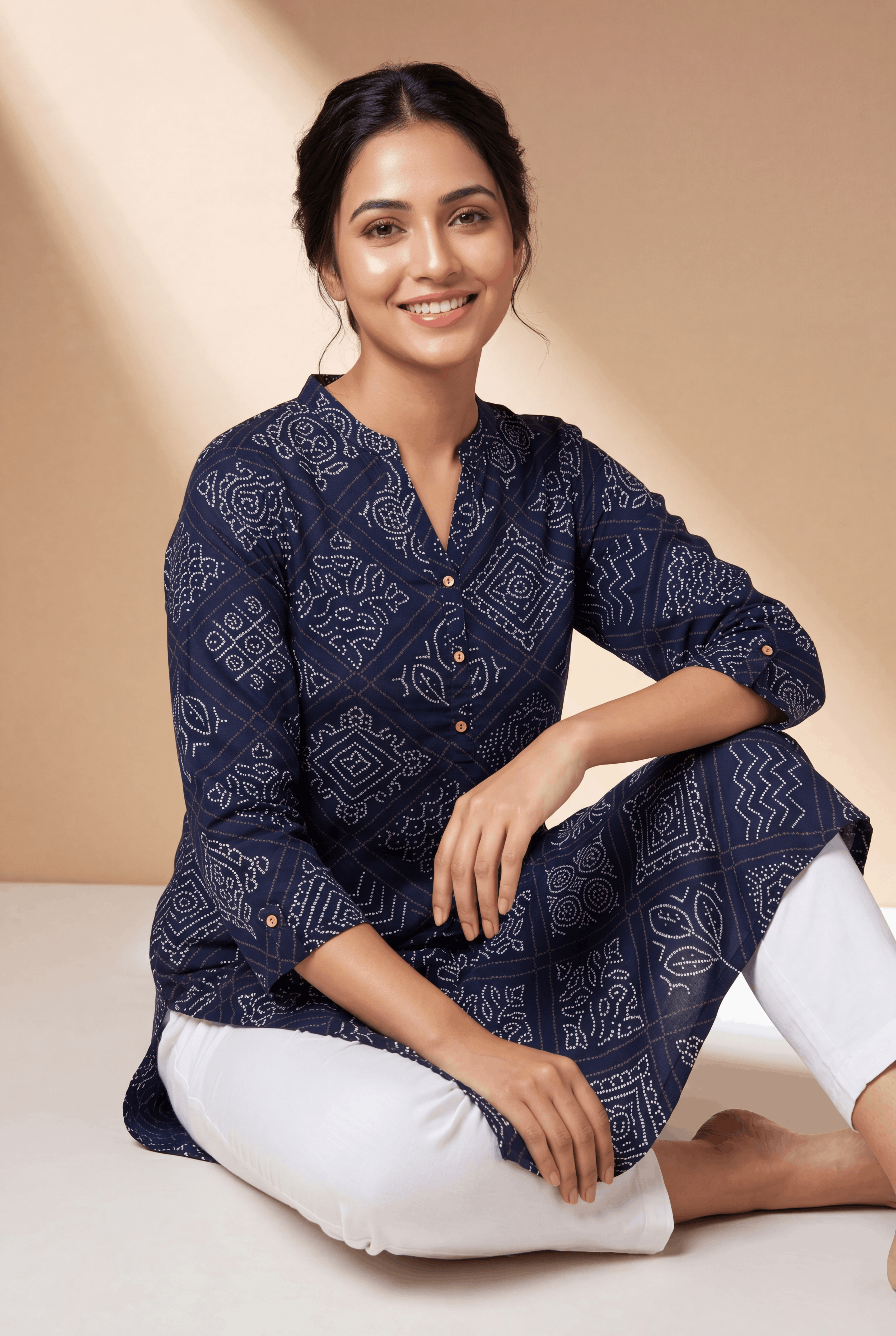 Navy Blue Bindulekha Kurti with Bandhani print
