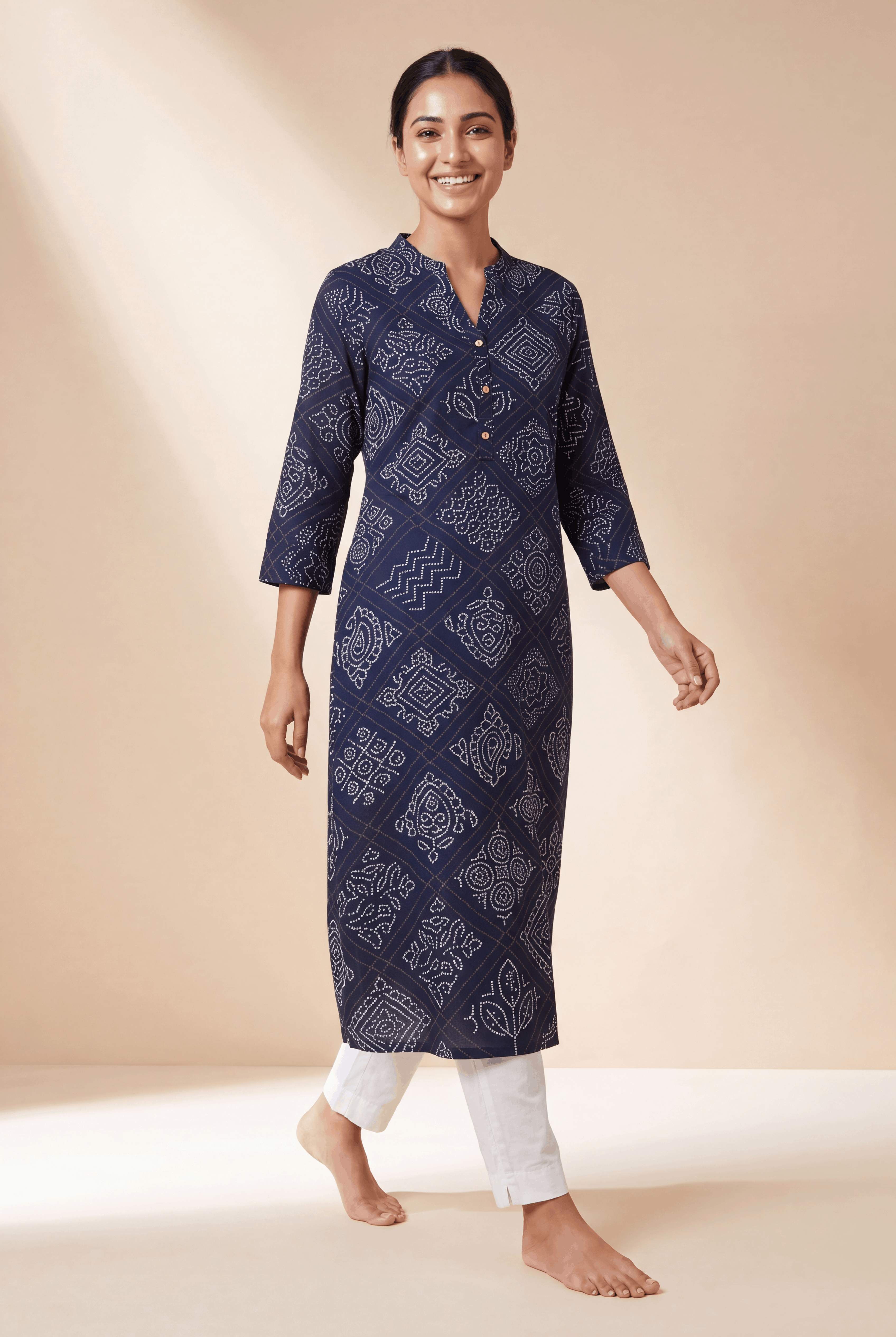 Navy Blue Bindulekha Kurti with Bandhani print