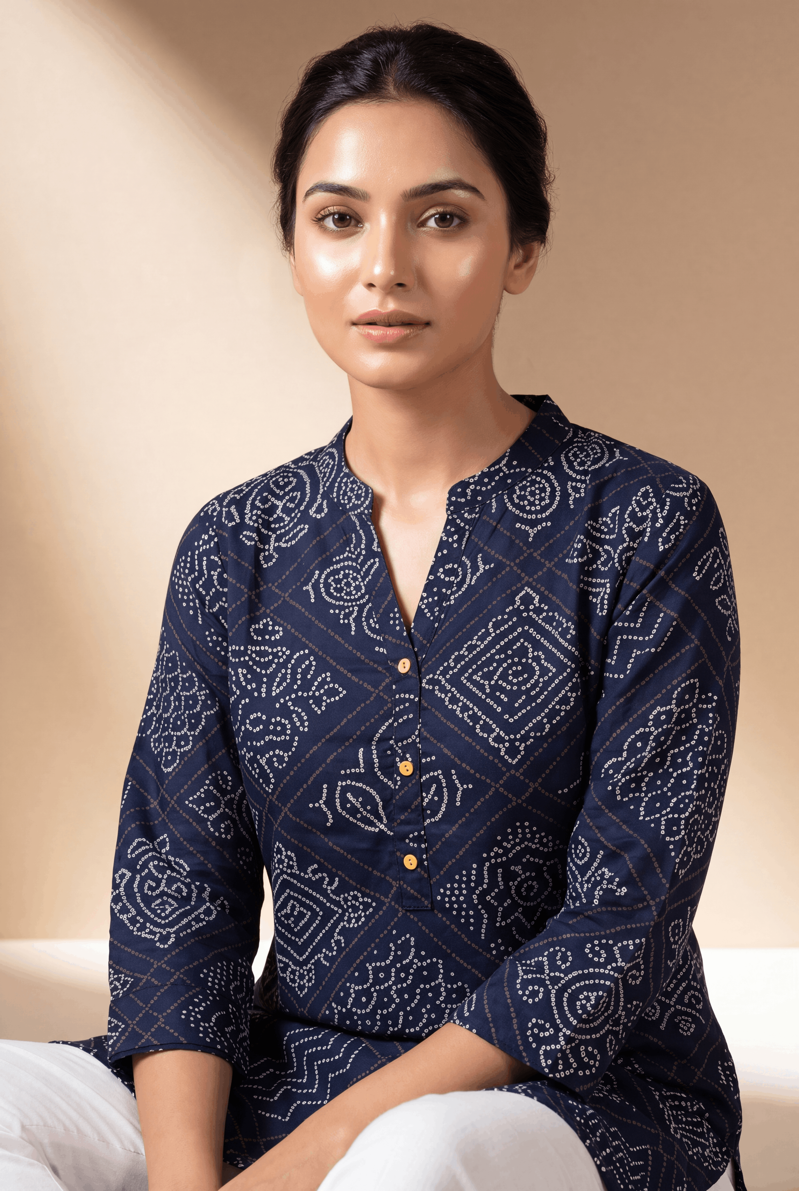 Navy Blue Bindulekha Kurti with Bandhani print
