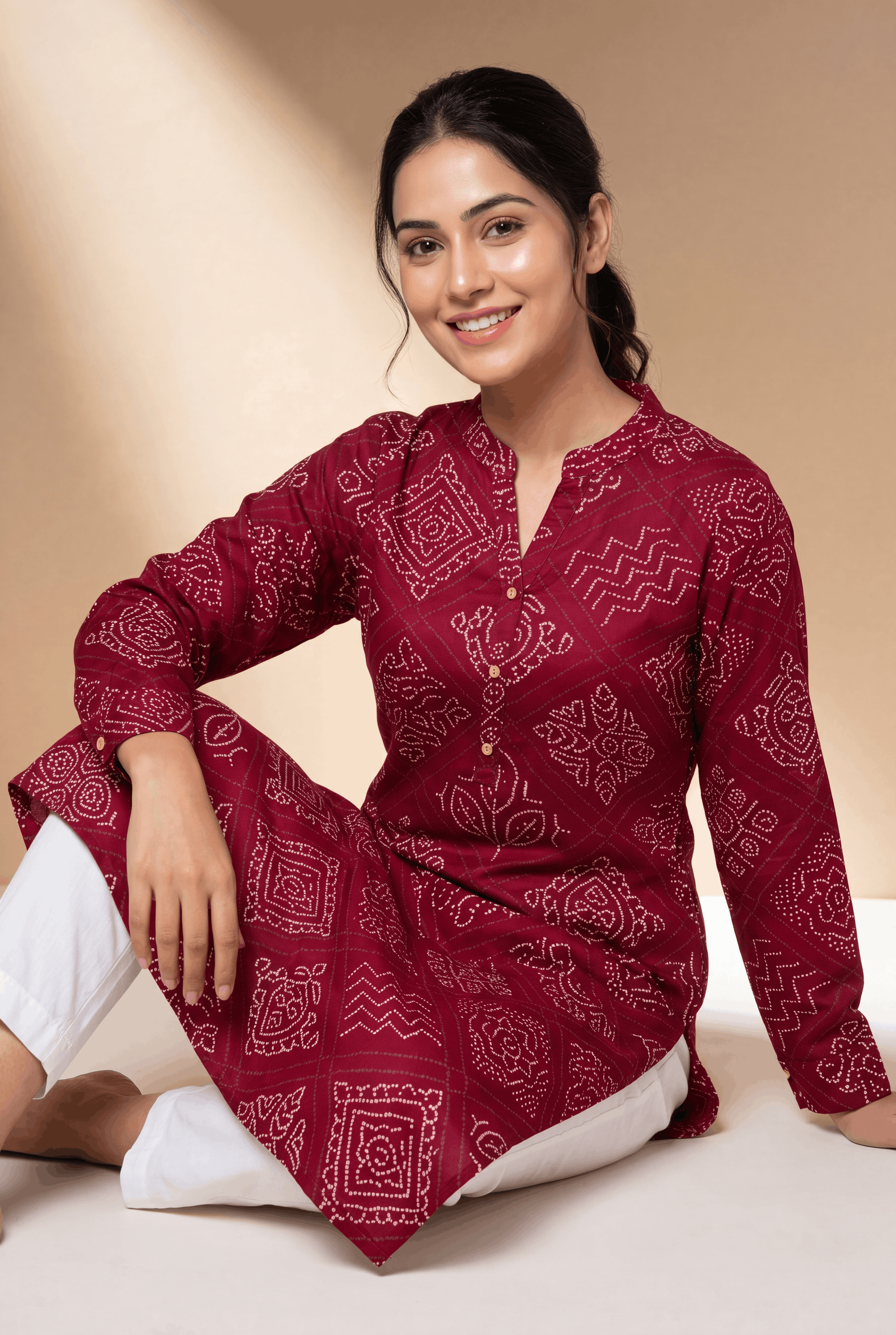 Red Binduraga Kurti with Bandhani Print