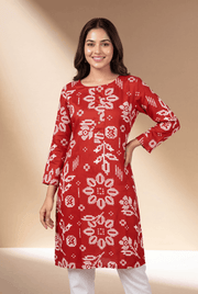 Red Kurti with Kusumika Geometric Floral Print
