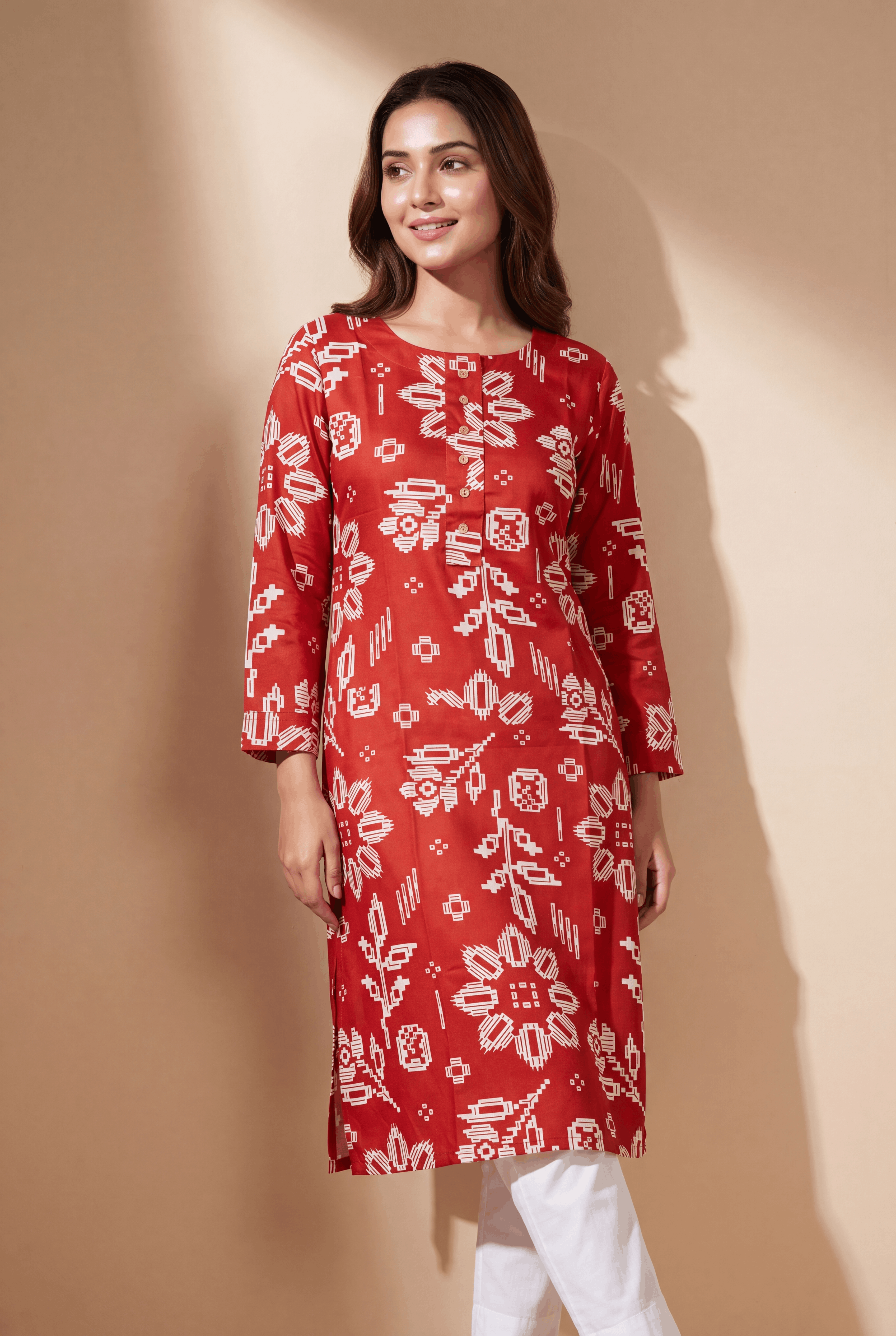 Red Kurti with Kusumika Geometric Floral Print