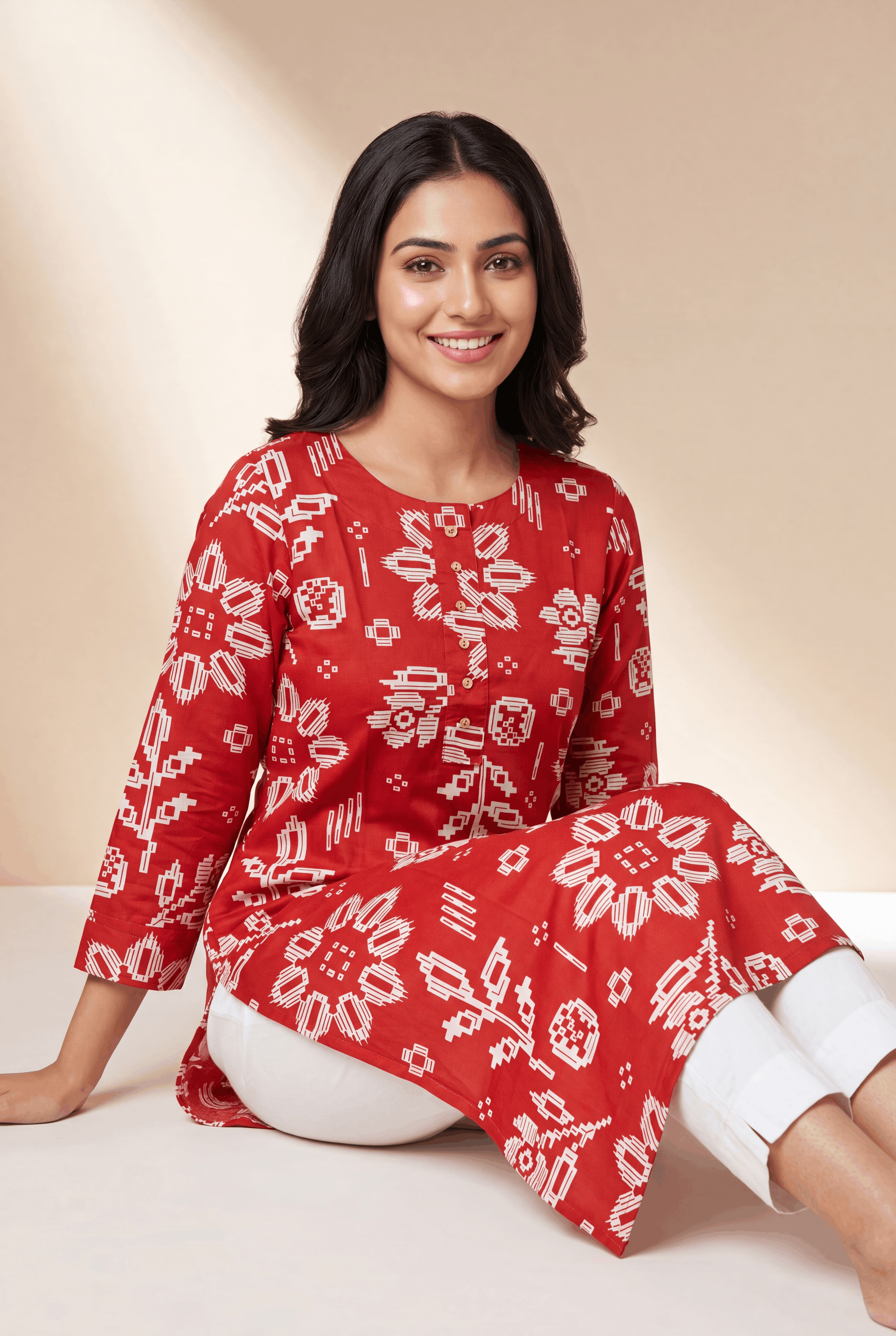 Red Kurti with Kusumika Geometric Floral Print